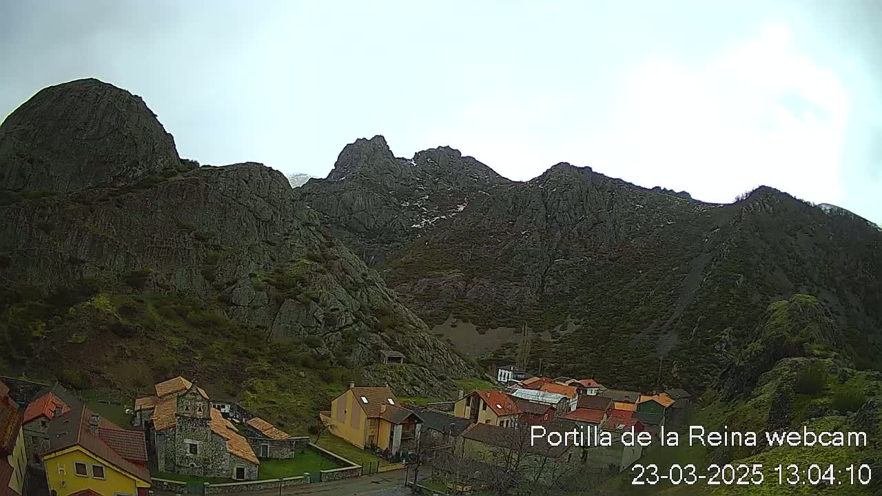 A small village nestled at the base of a rocky mountain range under a mostly cloudy sky.