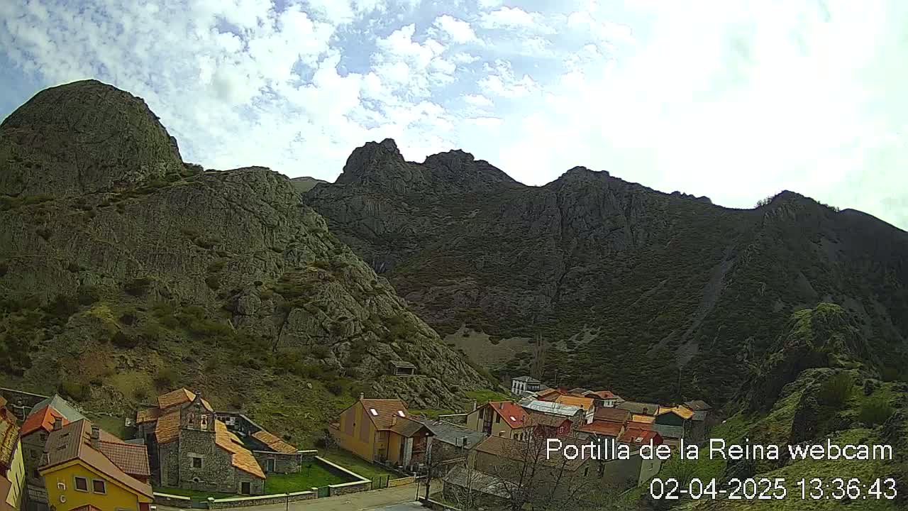 A small village nestled in a valley surrounded by large, rocky mountains under a partly cloudy sky.