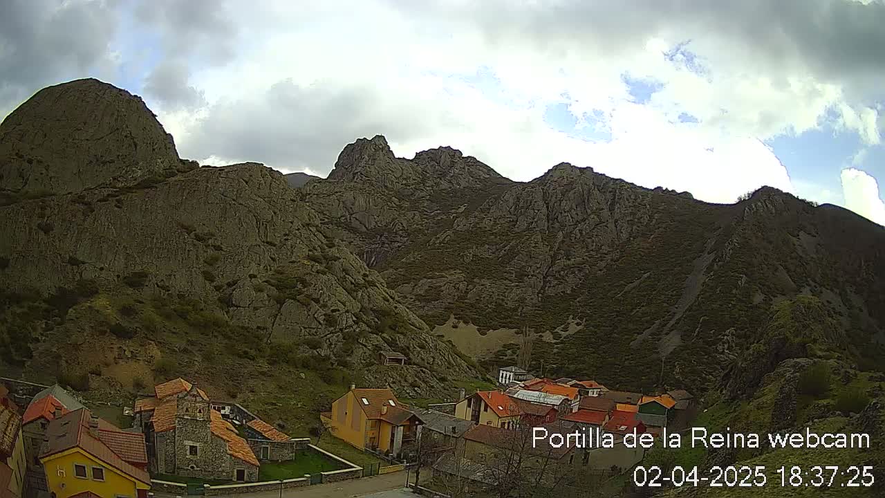 A small village nestled in a valley between large, rocky mountains under a partly cloudy sky.
