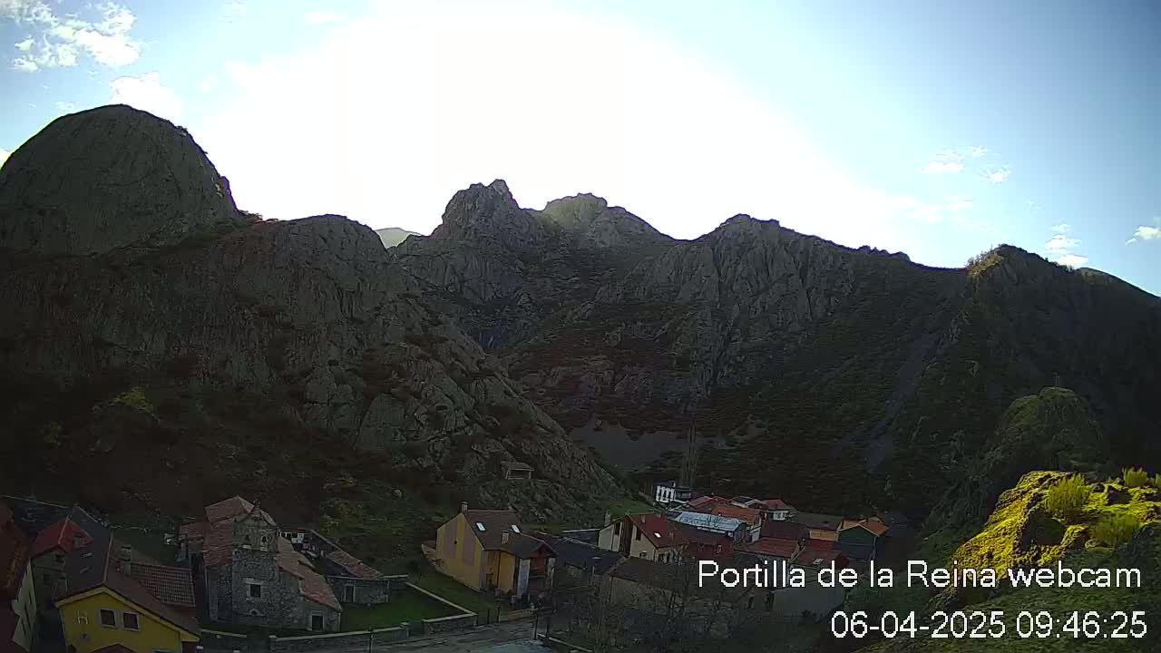 A small village nestled in a valley between large, rocky mountains under a mostly clear, sunny sky.