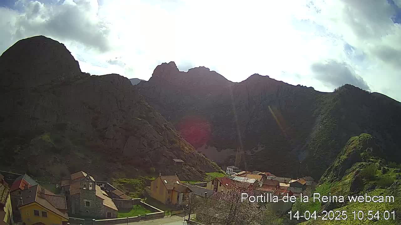 A small village nestled in a valley surrounded by large, rocky mountains under a partly cloudy sky.