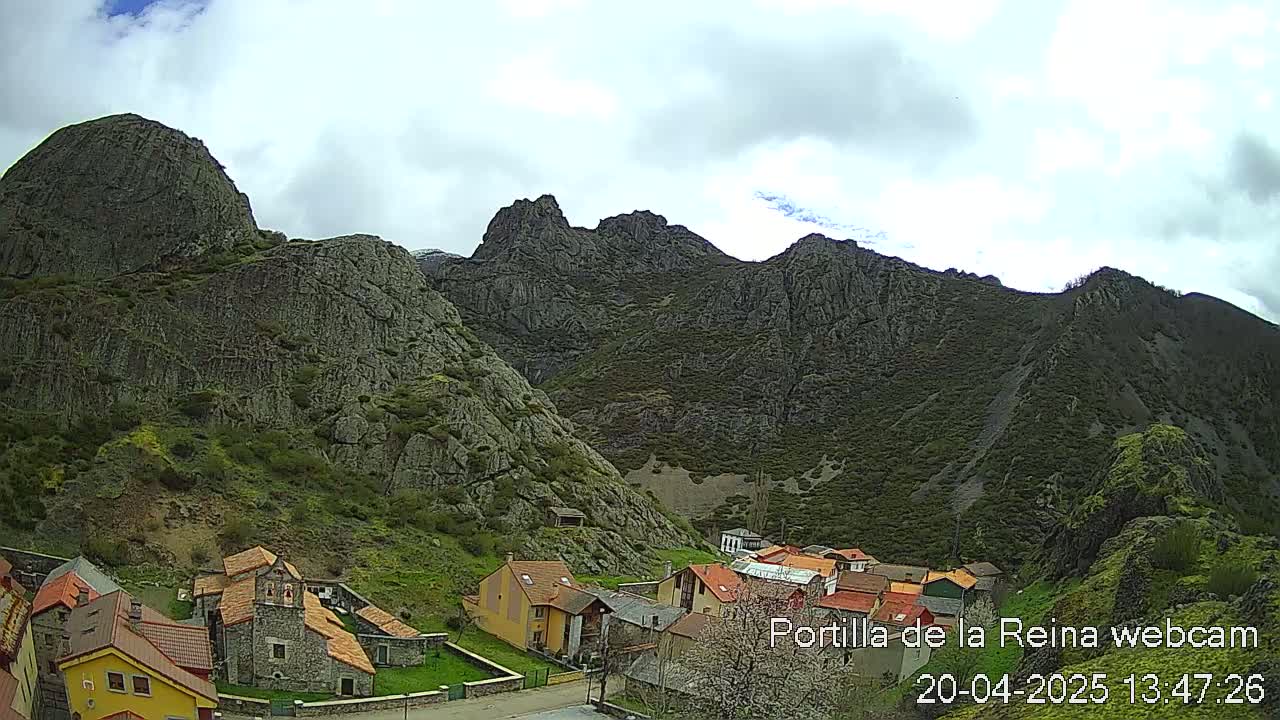 A small village nestled in a valley between large, rocky mountains under a partly cloudy sky.