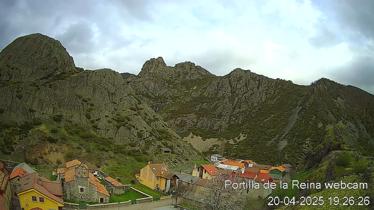 A small village nestled at the base of large, rocky mountains under a cloudy sky.