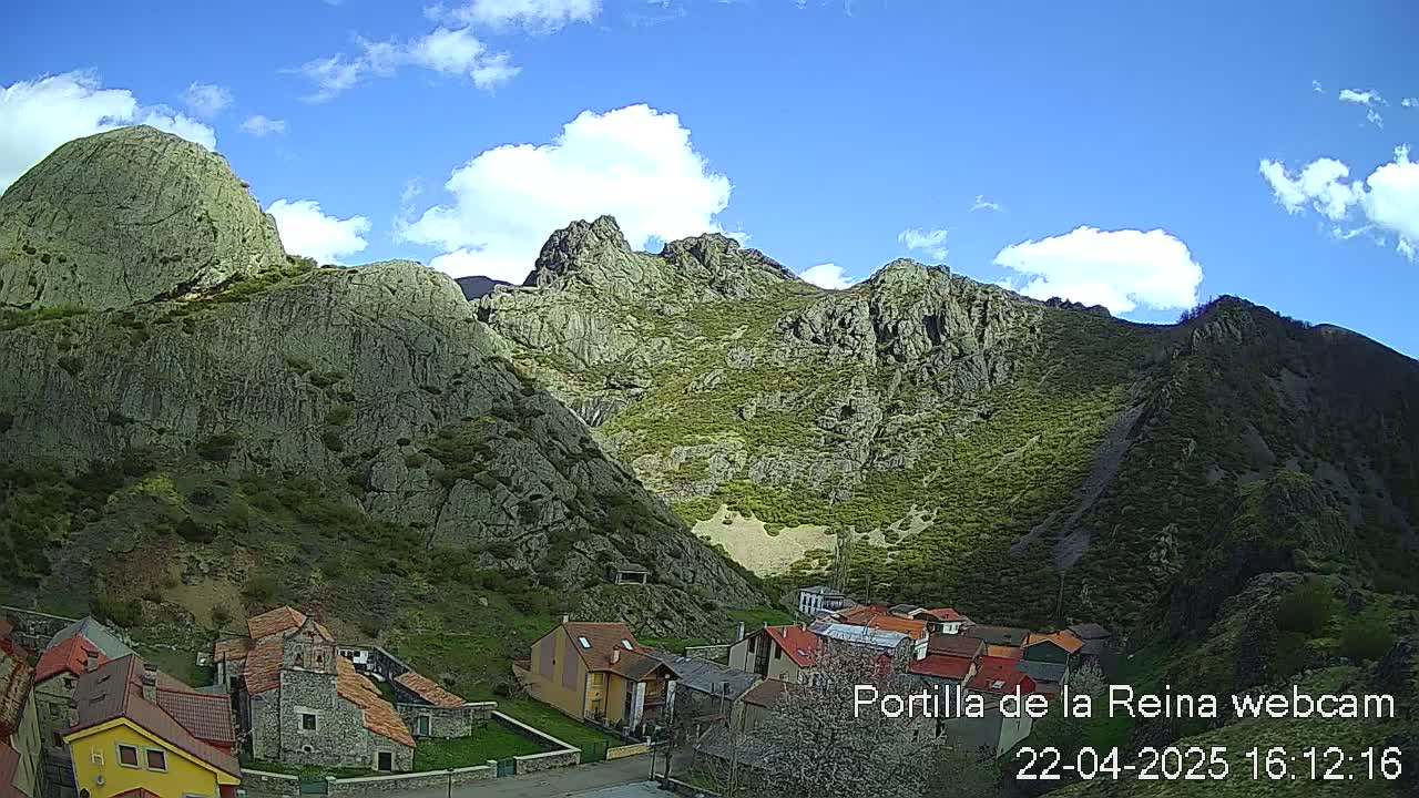 A small village nestled in a valley between large, rocky mountains under a mostly sunny sky with some fluffy white clouds.