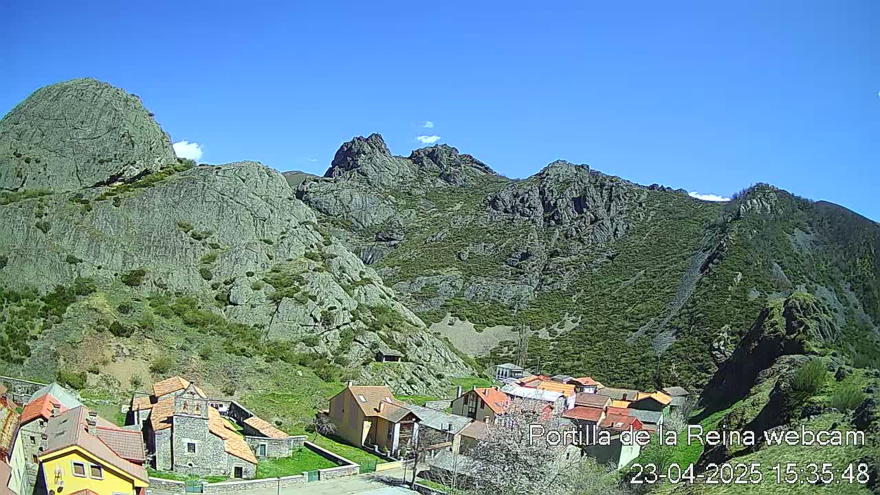 A small village nestled in a valley between rugged, green-covered mountains under a clear blue sky.