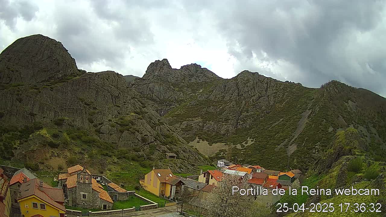 A small village nestled at the base of large, rocky mountains under a cloudy sky.