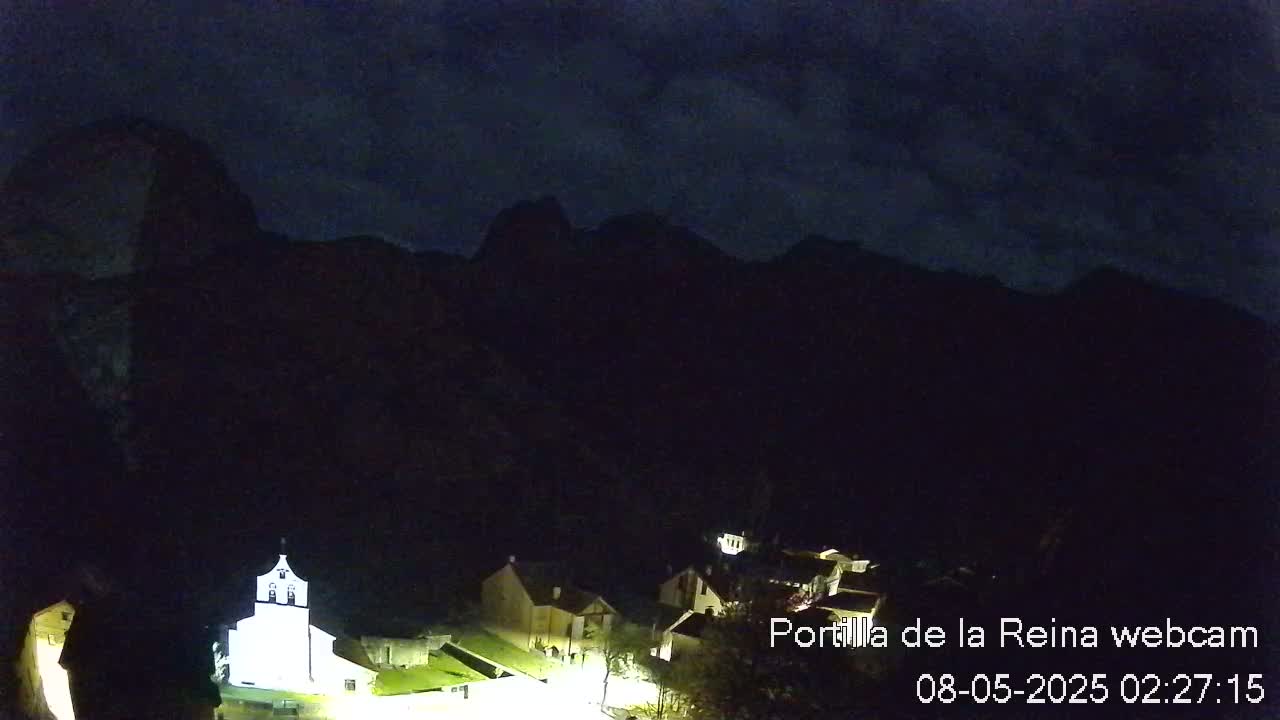 A small village with a brightly lit church is nestled in a dark valley under a partly cloudy night sky, surrounded by mountainous silhouettes.