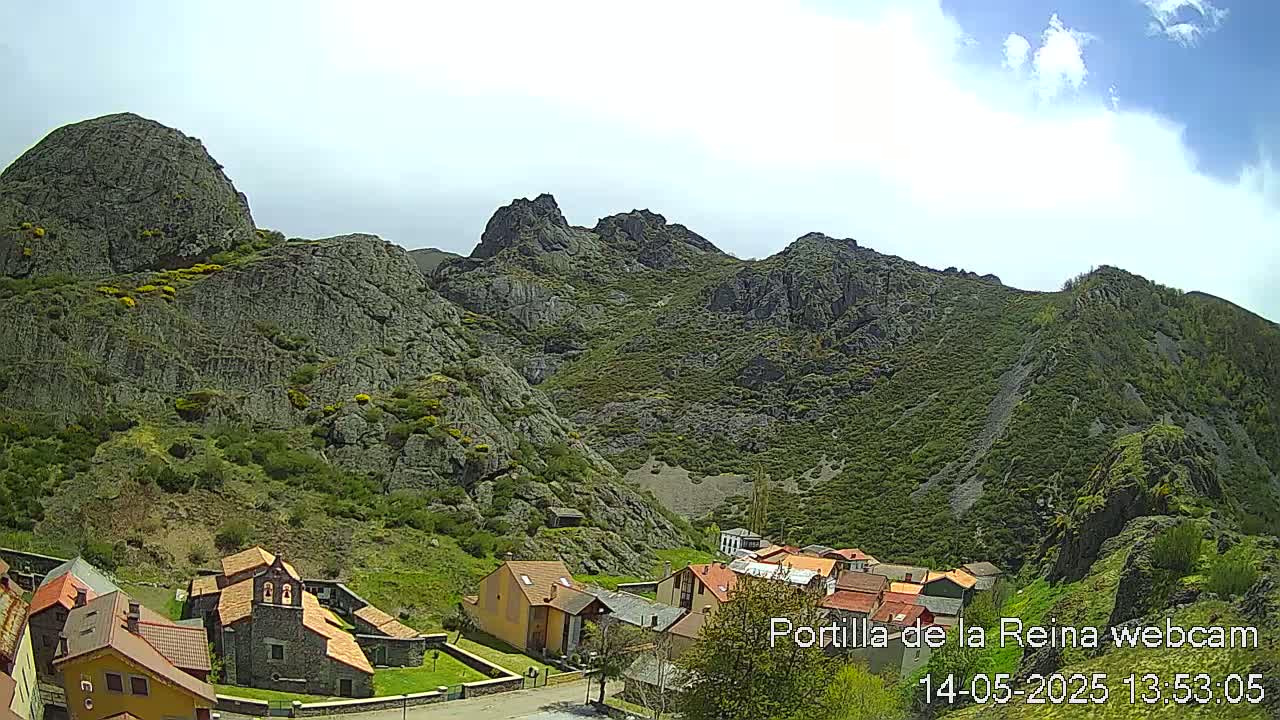 A small village nestled in a valley surrounded by rocky, green-covered mountains under a partly cloudy sky.