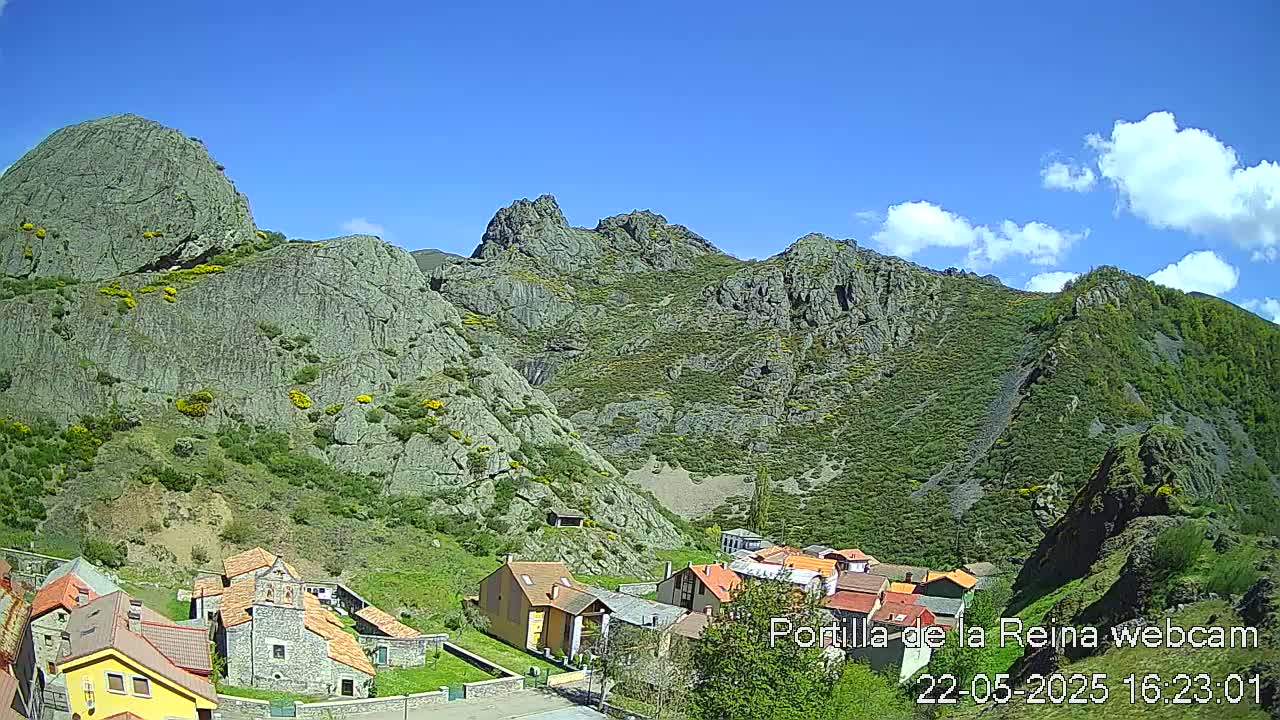 A small village nestled in a valley surrounded by rocky mountains under a mostly sunny sky with a few scattered clouds.