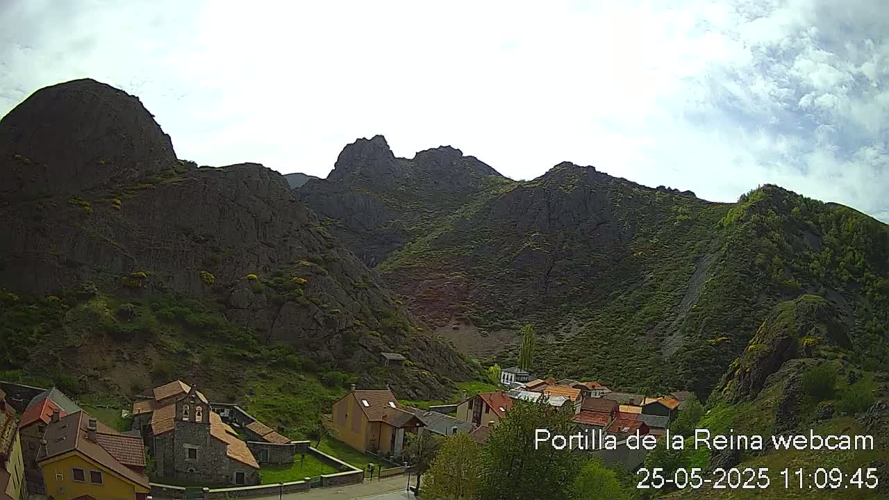 A village nestled at the base of large, dark, rocky mountains under a partly cloudy sky.