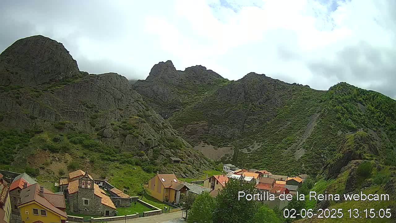 A small village nestled at the base of large, rocky, green-covered mountains under a partly cloudy sky.