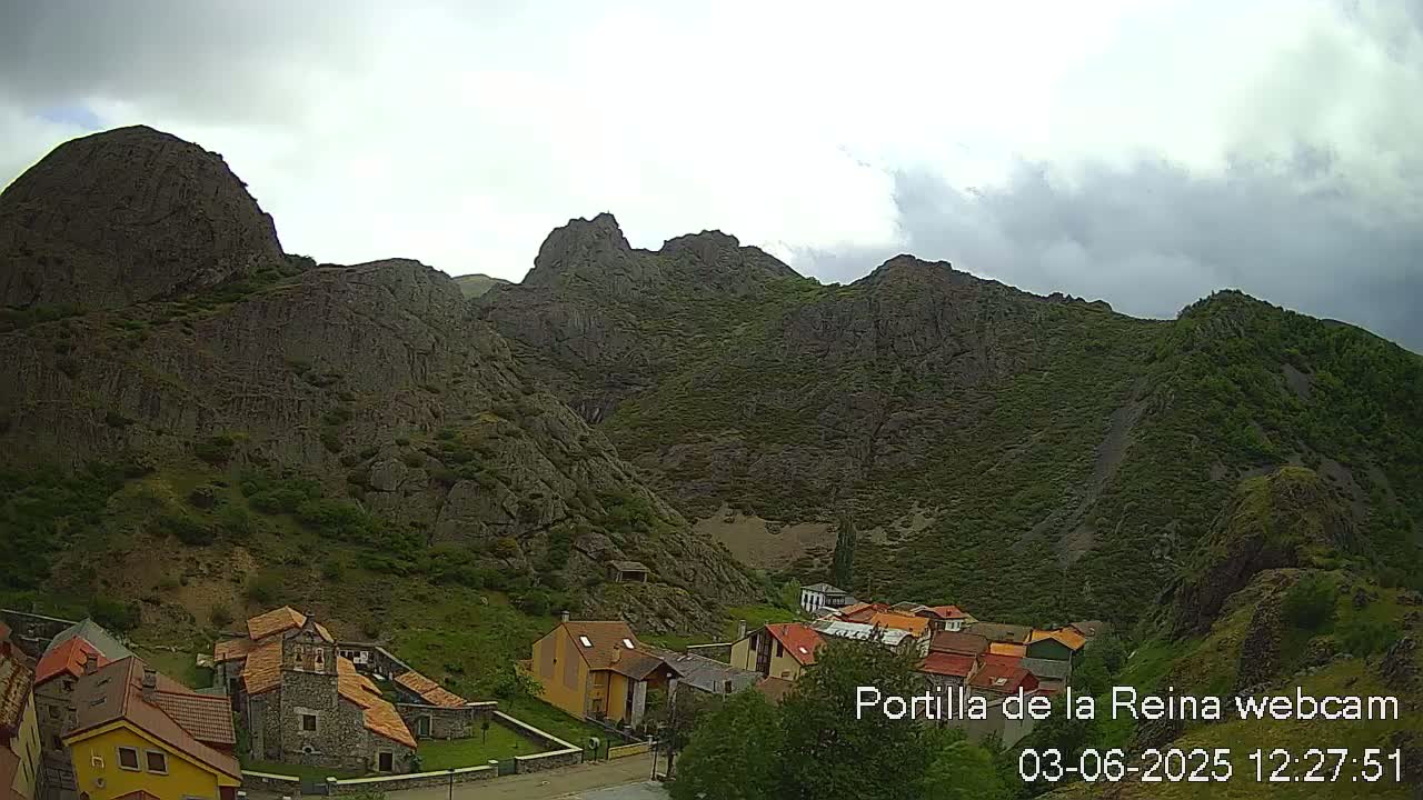 A small village nestled at the base of steep, rocky mountains under a cloudy sky.