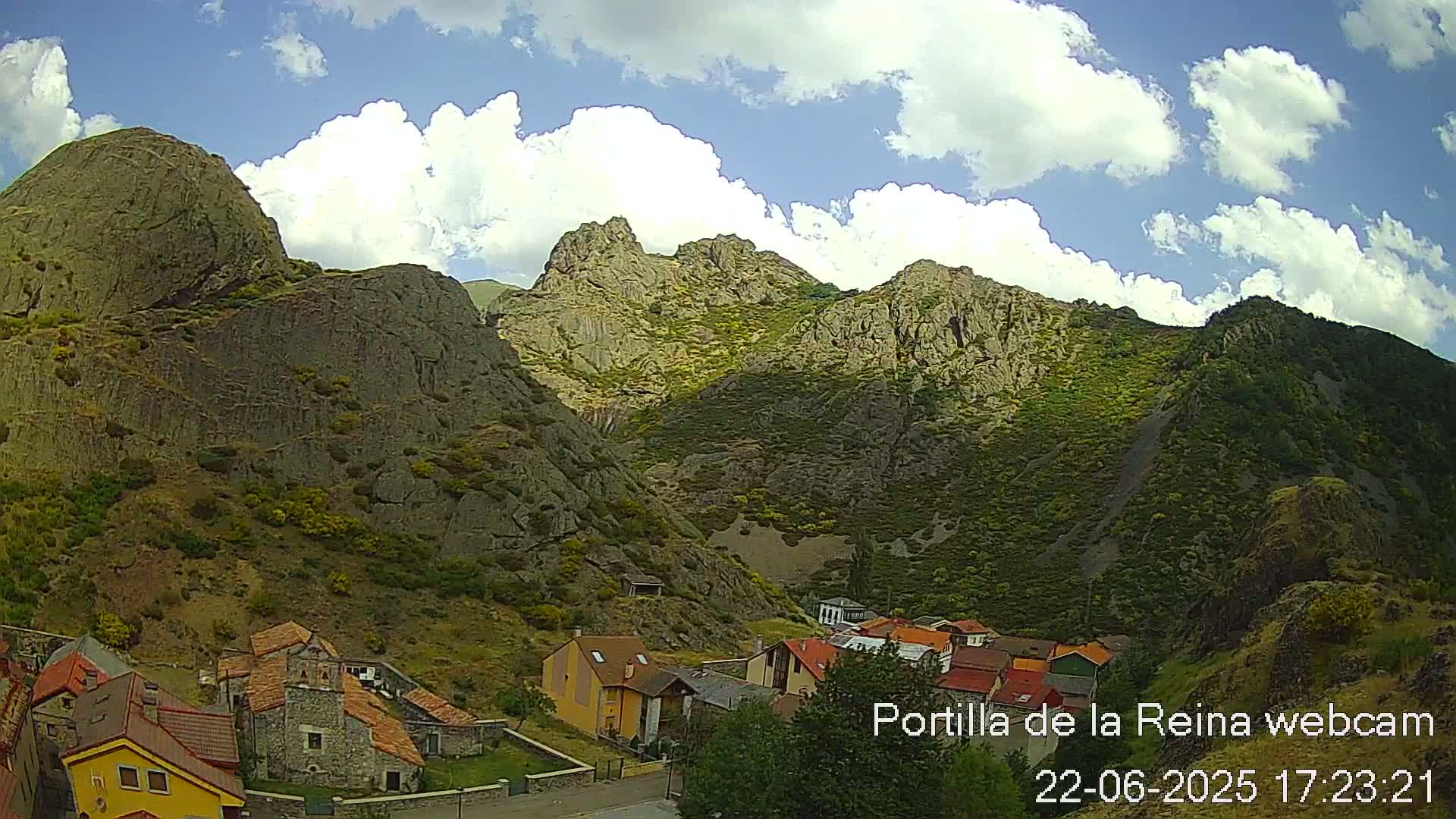 A small village nestled at the base of large, rocky mountains under a partly cloudy sky.