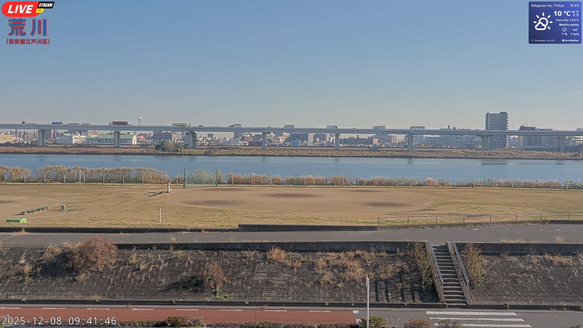 Tokyo, Arakawa River,  Komatsugawabashi Joryu Baseball Fields & Edogawa Discrict ( 東京、荒川、小松川橋女流野球場、江戸川区 ) Live Cam - 1 Chome, Hirai, Edogawa Ku, Tokyo, Kantō, Honshu, Japan