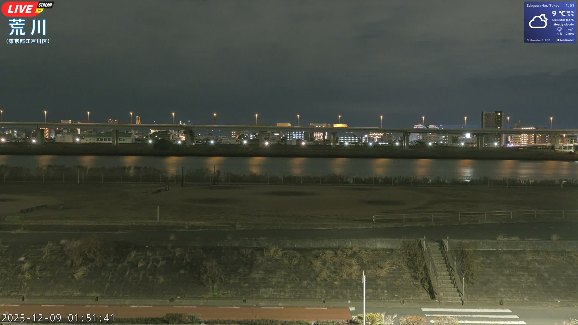 Tokyo, Arakawa River,  Komatsugawabashi Joryu Baseball Fields & Edogawa Discrict ( 東京、荒川、小松川橋女流野球場、江戸川区 ) Live Cam - 1 Chome, Hirai, Edogawa Ku, Tokyo, Kantō, Honshu, Japan