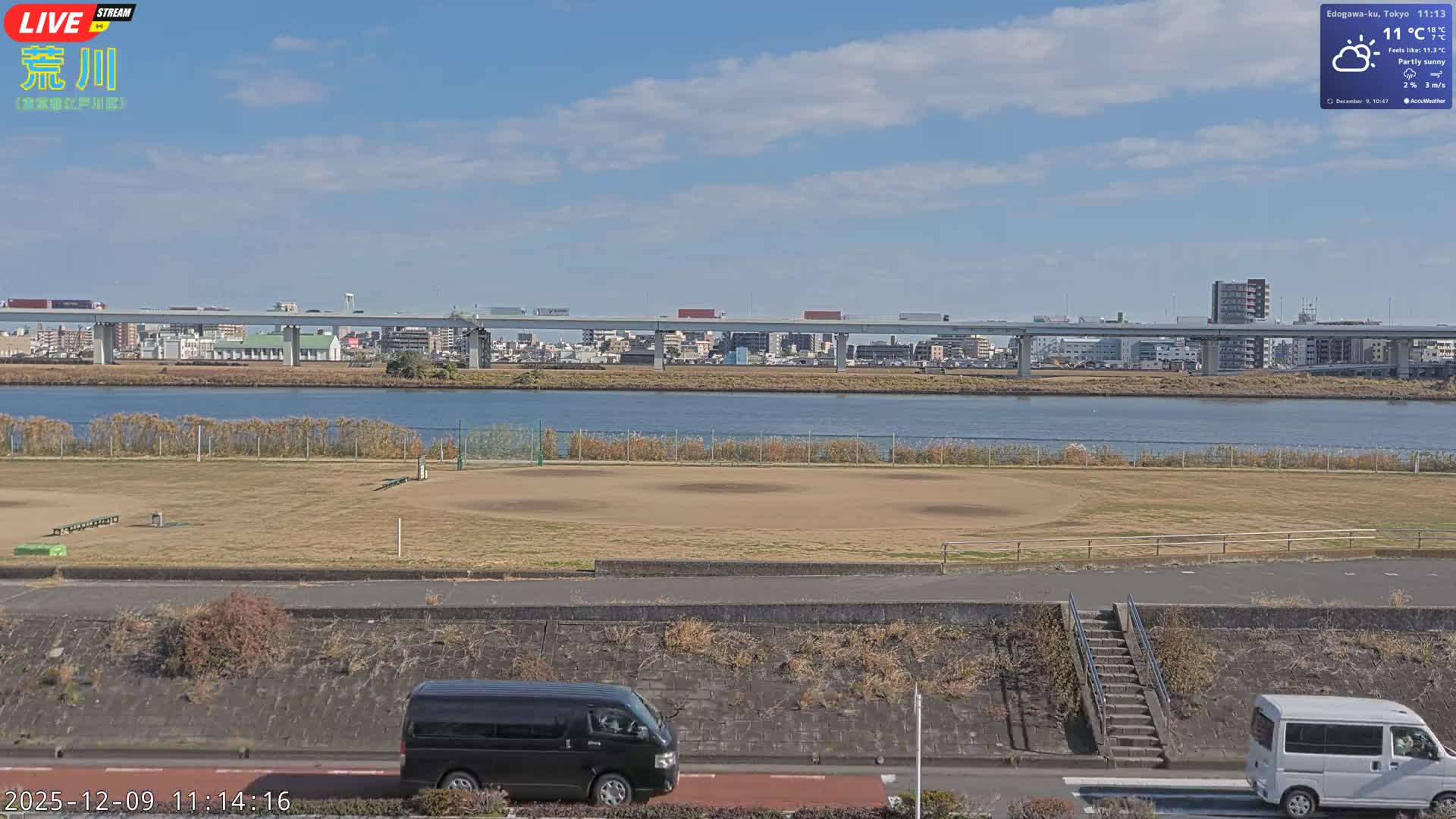 Tokyo, Arakawa River,  Komatsugawabashi Joryu Baseball Fields & Edogawa Discrict ( 東京、荒川、小松川橋女流野球場、江戸川区 ) Live Cam - 1 Chome, Hirai, Edogawa Ku, Tokyo, Kantō, Honshu, Japan
