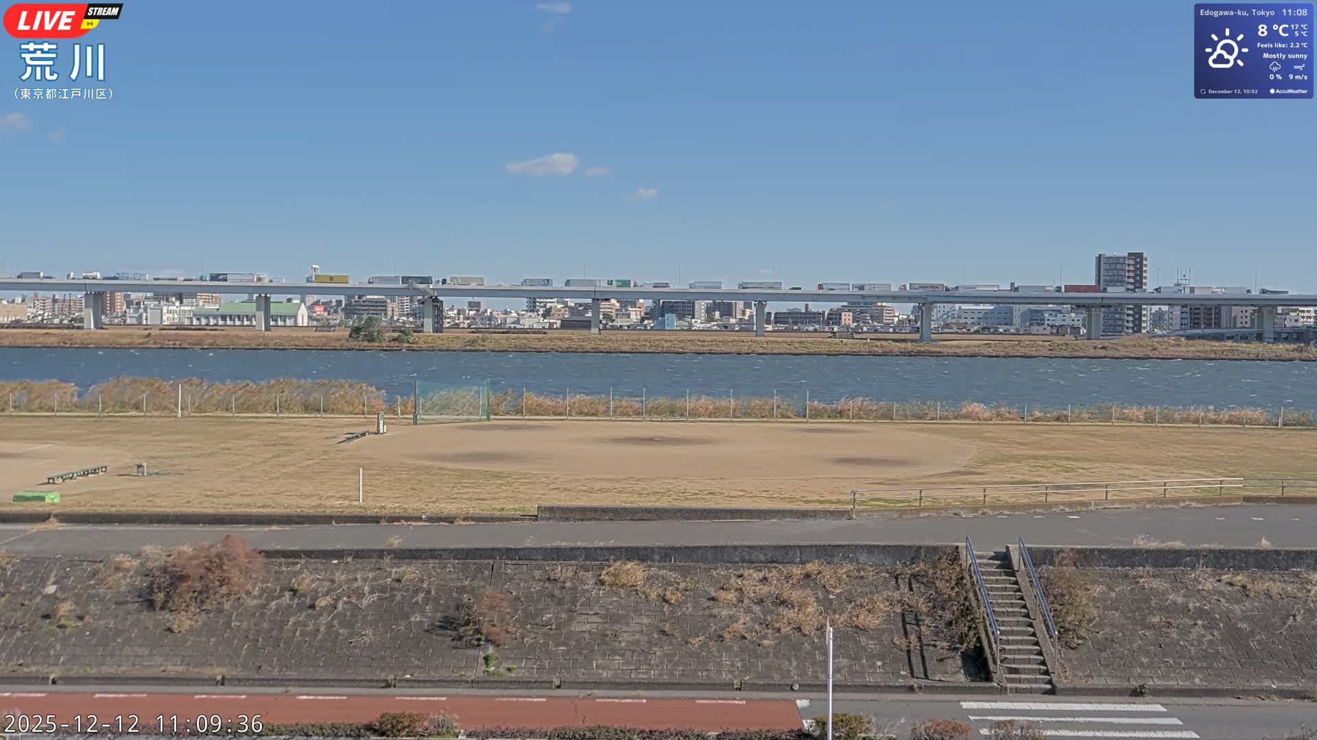 Tokyo, Arakawa River,  Komatsugawabashi Joryu Baseball Fields & Edogawa Discrict ( 東京、荒川、小松川橋女流野球場、江戸川区 ) Live Cam - 1 Chome, Hirai, Edogawa Ku, Tokyo, Kantō, Honshu, Japan