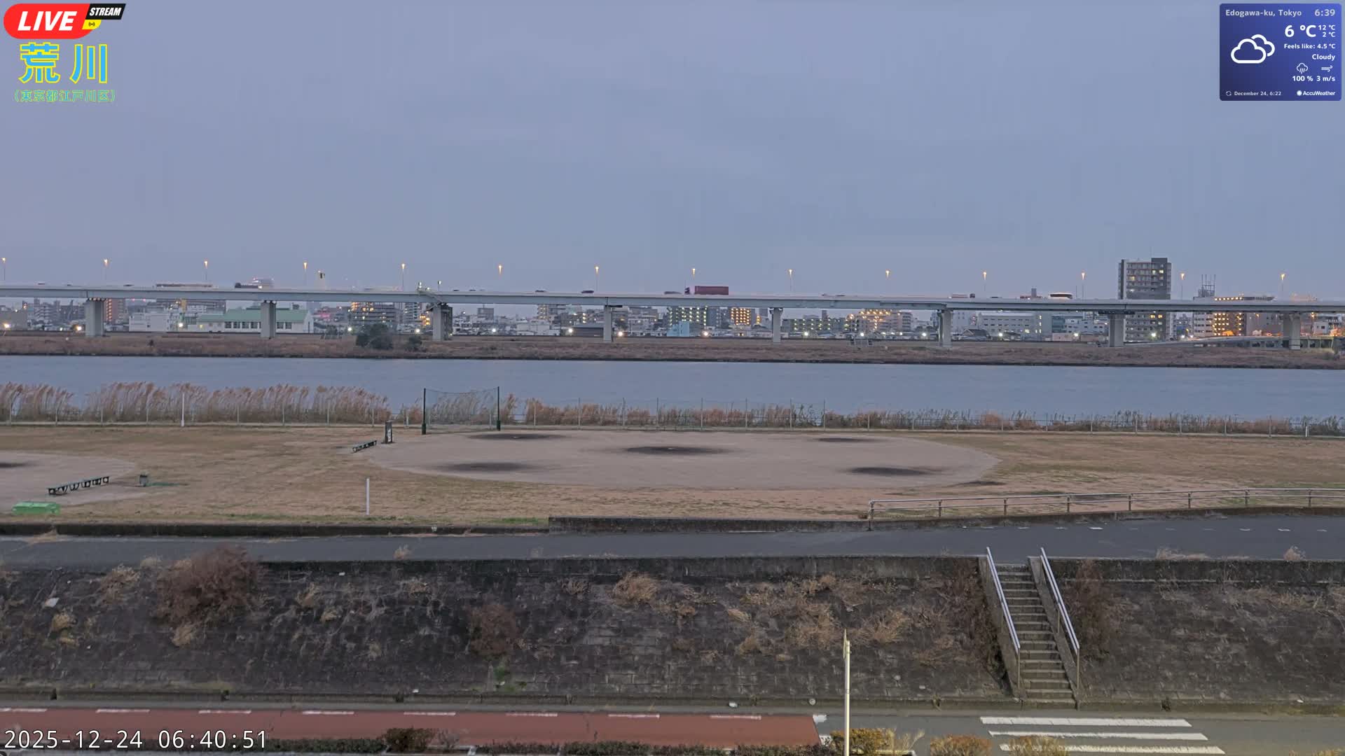 Tokyo, Arakawa River,  Komatsugawabashi Joryu Baseball Fields & Edogawa Discrict ( 東京、荒川、小松川橋女流野球場、江戸川区 ) Live Cam - 1 Chome, Hirai, Edogawa Ku, Tokyo, Kantō, Honshu, Japan