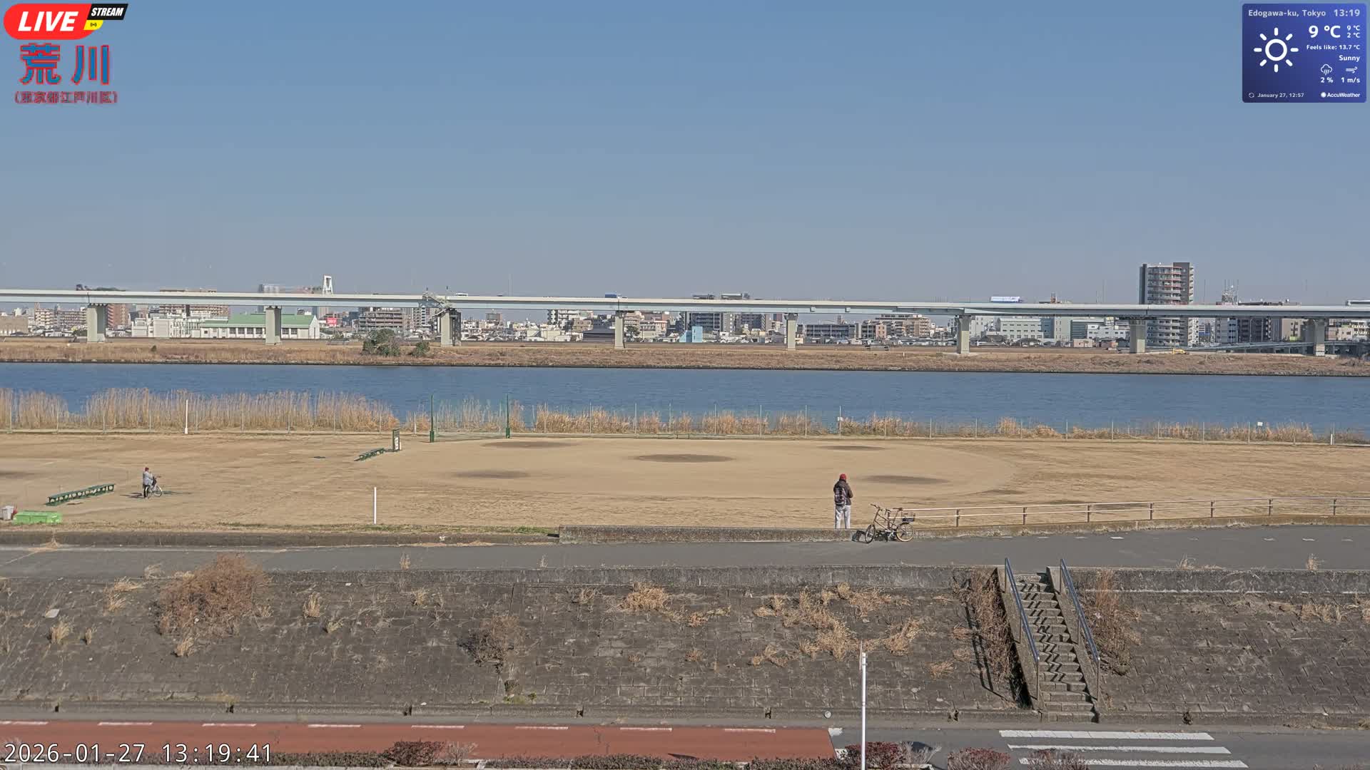Tokyo, Arakawa River,  Komatsugawabashi Joryu Baseball Fields & Edogawa Discrict ( 東京、荒川、小松川橋女流野球場、江戸川区 ) Live Cam - 1 Chome, Hirai, Edogawa Ku, Tokyo, Kantō, Honshu, Japan