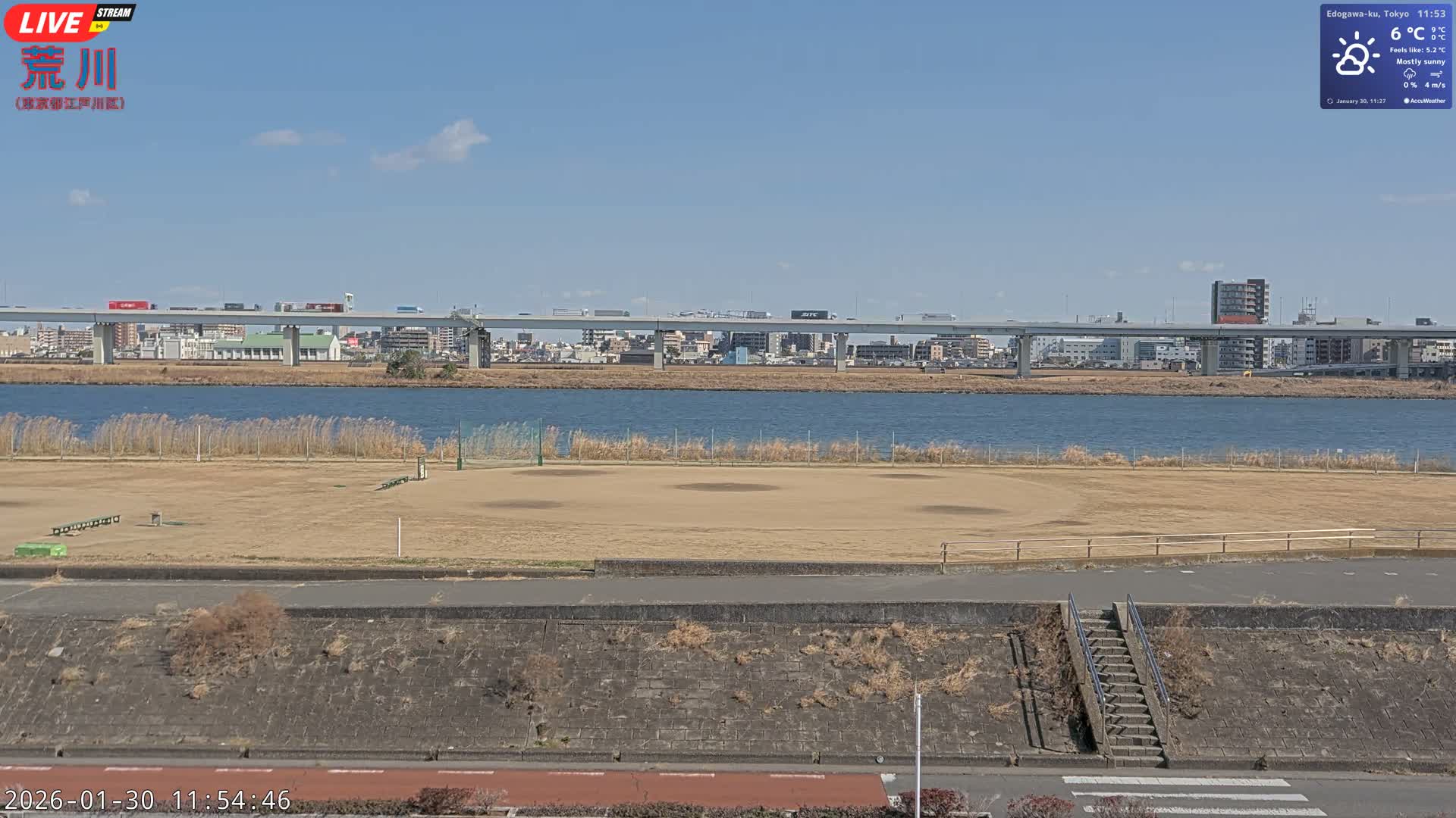 Tokyo, Arakawa River,  Komatsugawabashi Joryu Baseball Fields & Edogawa Discrict ( 東京、荒川、小松川橋女流野球場、江戸川区 ) Live Cam - 1 Chome, Hirai, Edogawa Ku, Tokyo, Kantō, Honshu, Japan