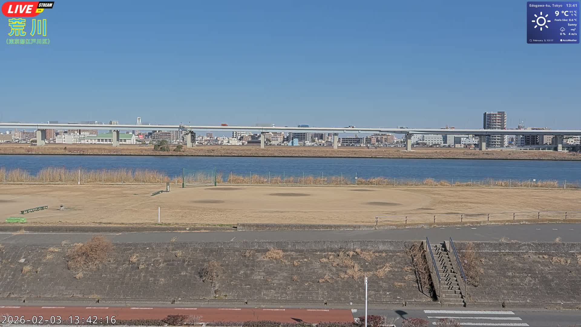Tokyo, Arakawa River,  Komatsugawabashi Joryu Baseball Fields & Edogawa Discrict ( 東京、荒川、小松川橋女流野球場、江戸川区 ) Live Cam - 1 Chome, Hirai, Edogawa Ku, Tokyo, Kantō, Honshu, Japan