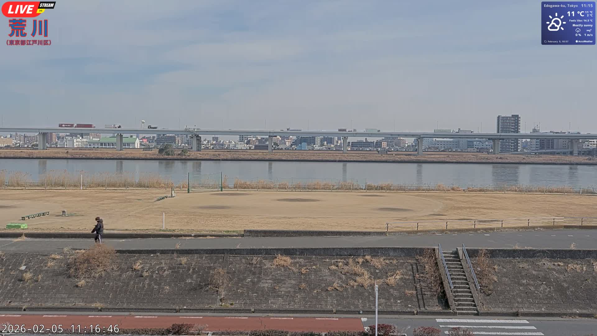 Tokyo, Arakawa River,  Komatsugawabashi Joryu Baseball Fields & Edogawa Discrict ( 東京、荒川、小松川橋女流野球場、江戸川区 ) Live Cam - 1 Chome, Hirai, Edogawa Ku, Tokyo, Kantō, Honshu, Japan
