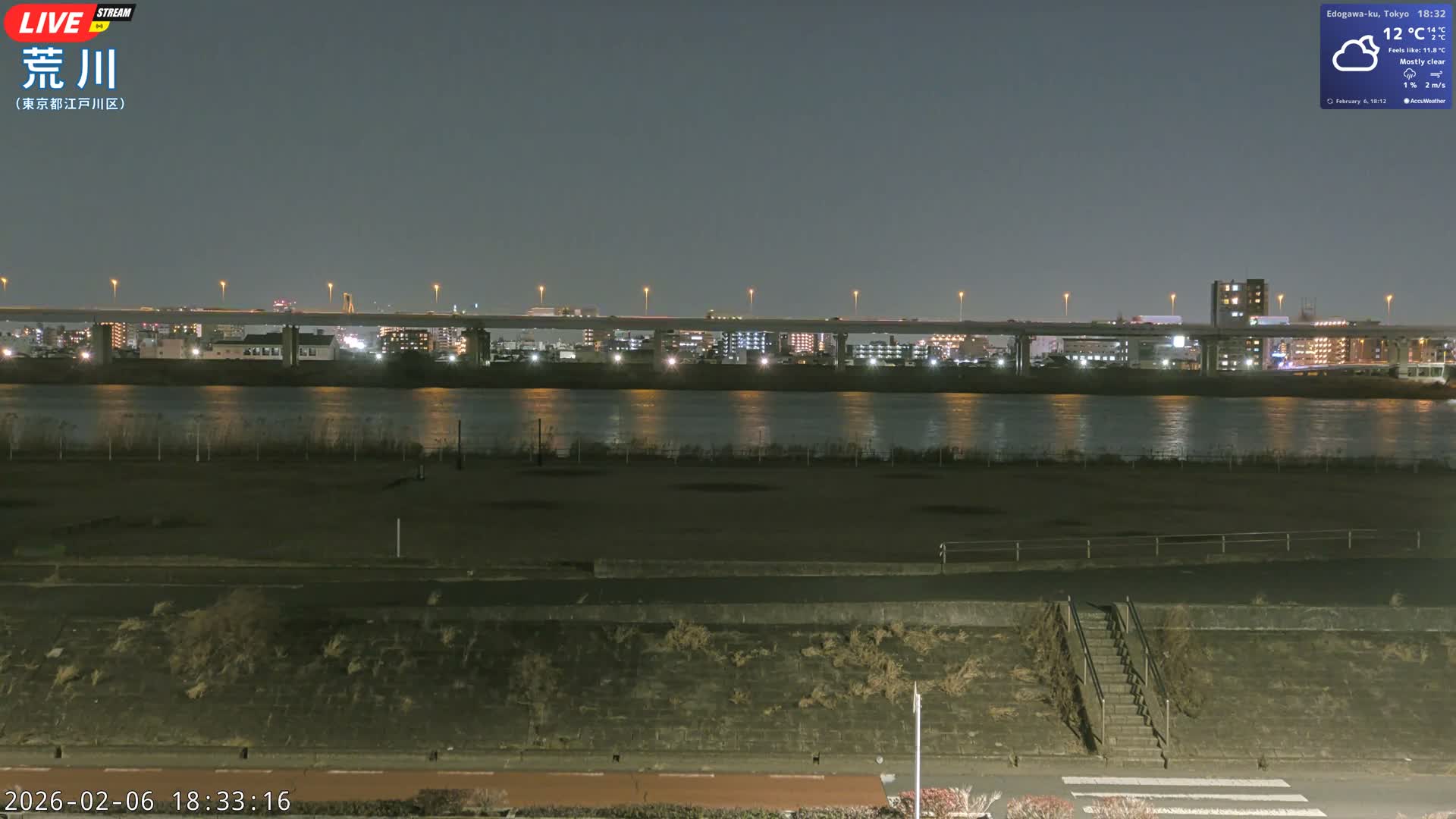Tokyo, Arakawa River,  Komatsugawabashi Joryu Baseball Fields & Edogawa Discrict ( 東京、荒川、小松川橋女流野球場、江戸川区 ) Live Cam - 1 Chome, Hirai, Edogawa Ku, Tokyo, Kantō, Honshu, Japan