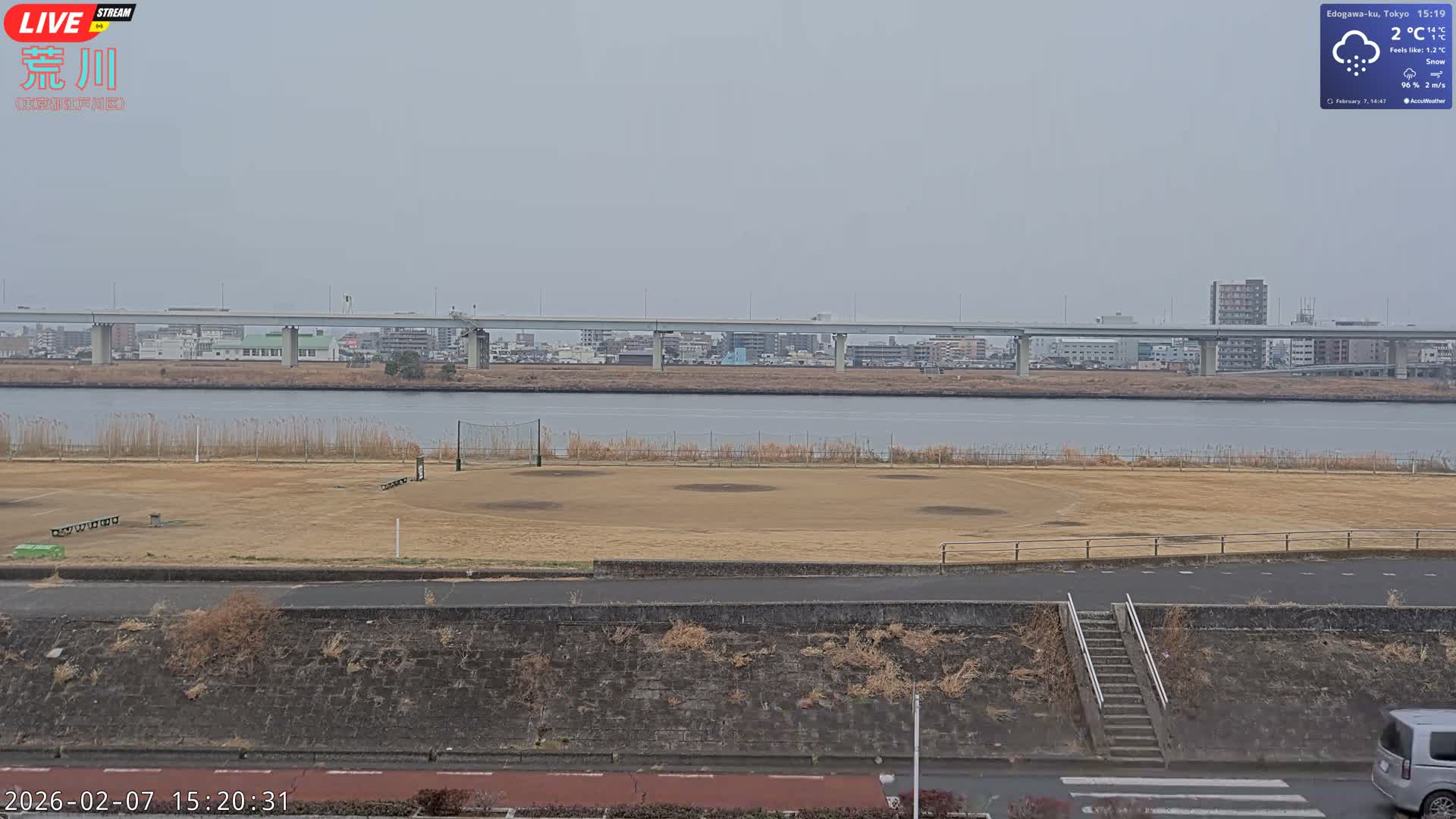 Tokyo, Arakawa River,  Komatsugawabashi Joryu Baseball Fields & Edogawa Discrict ( 東京、荒川、小松川橋女流野球場、江戸川区 ) Live Cam - 1 Chome, Hirai, Edogawa Ku, Tokyo, Kantō, Honshu, Japan