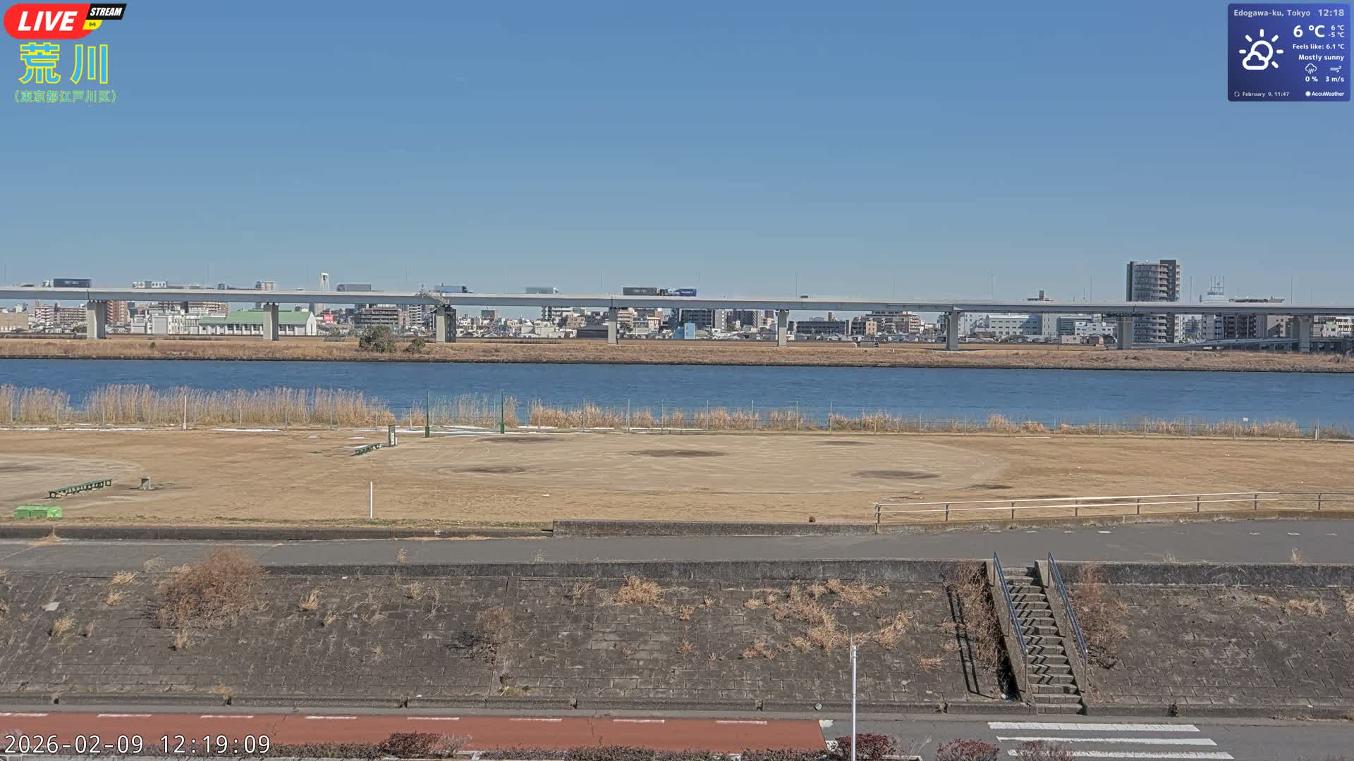 Tokyo, Arakawa River,  Komatsugawabashi Joryu Baseball Fields & Edogawa Discrict ( 東京、荒川、小松川橋女流野球場、江戸川区 ) Live Cam - 1 Chome, Hirai, Edogawa Ku, Tokyo, Kantō, Honshu, Japan