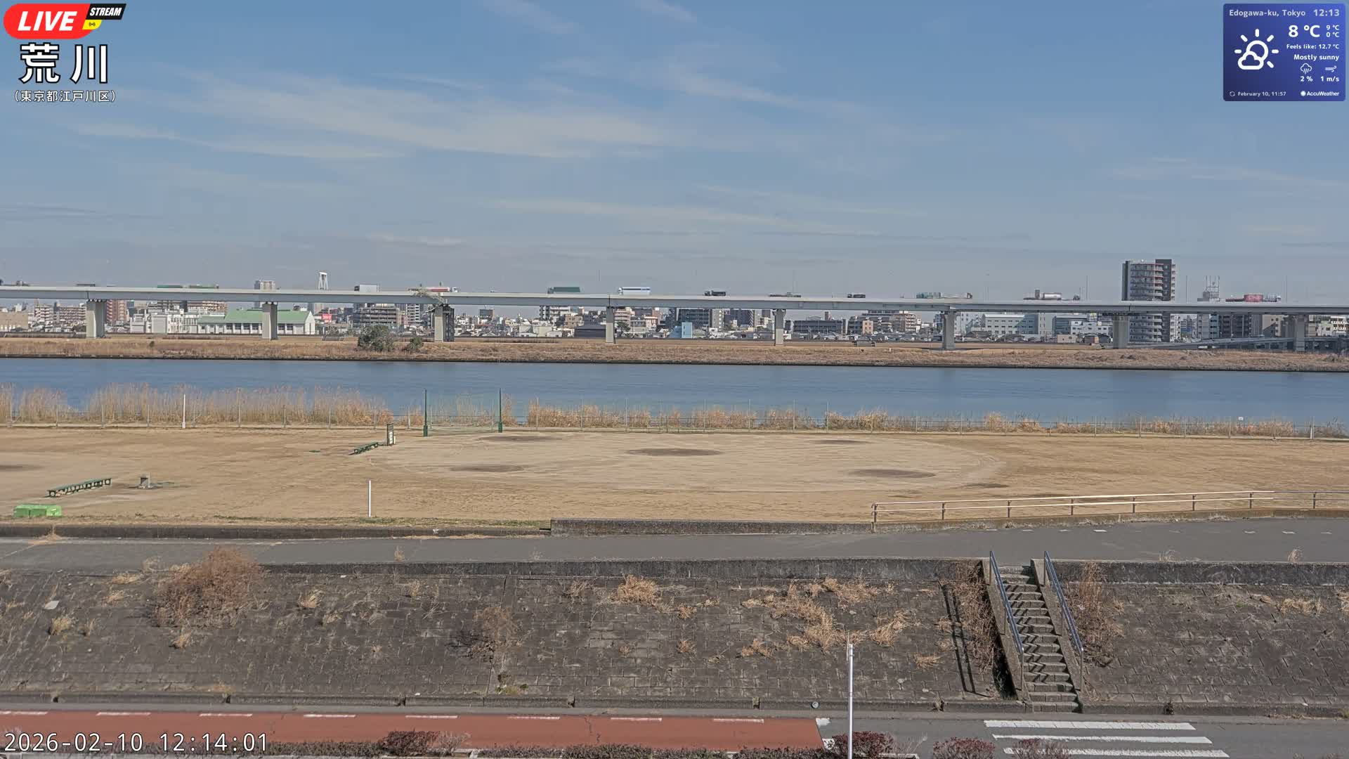 Tokyo, Arakawa River,  Komatsugawabashi Joryu Baseball Fields & Edogawa Discrict ( 東京、荒川、小松川橋女流野球場、江戸川区 ) Live Cam - 1 Chome, Hirai, Edogawa Ku, Tokyo, Kantō, Honshu, Japan