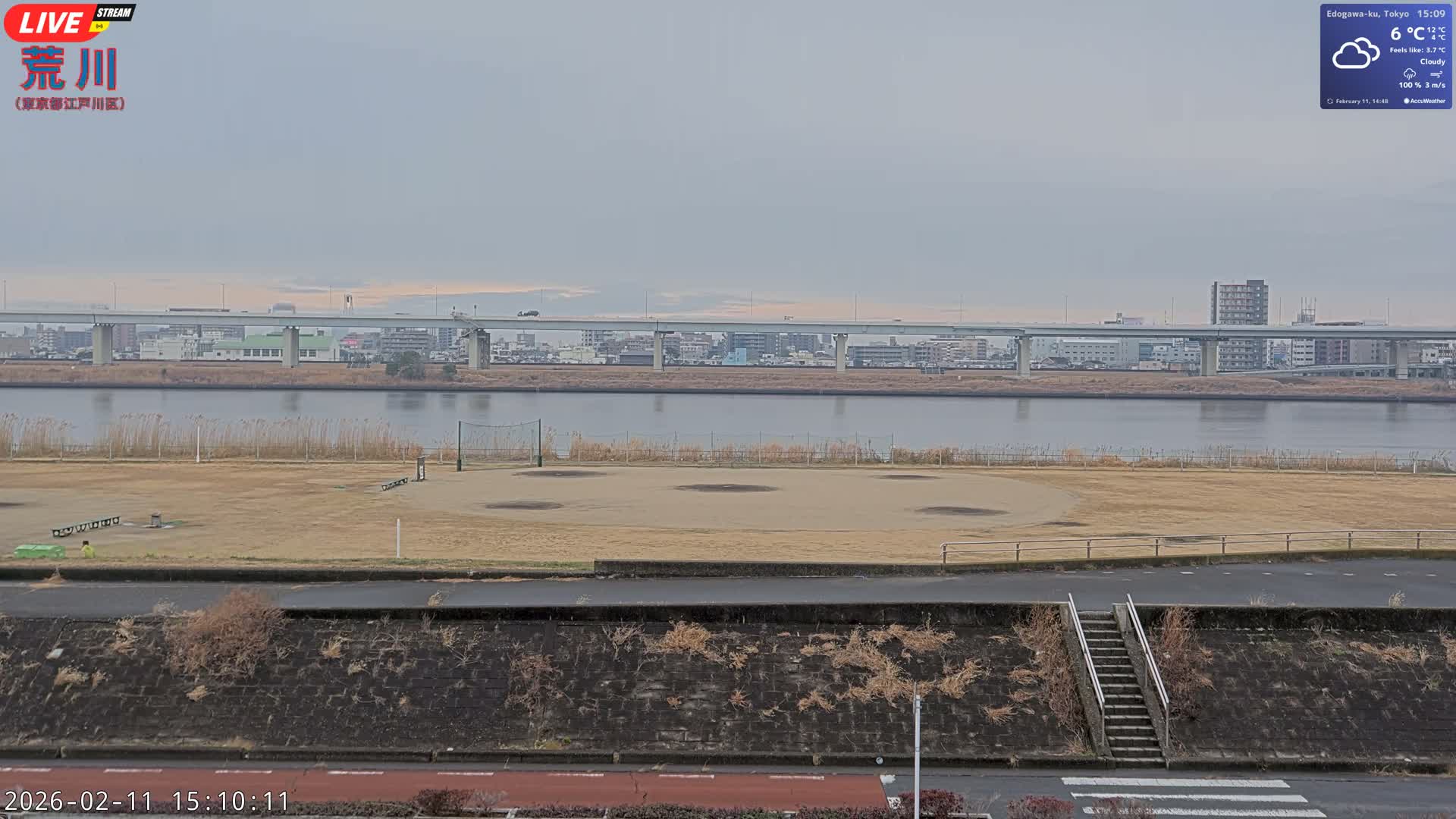 Tokyo, Arakawa River,  Komatsugawabashi Joryu Baseball Fields & Edogawa Discrict ( 東京、荒川、小松川橋女流野球場、江戸川区 ) Live Cam - 1 Chome, Hirai, Edogawa Ku, Tokyo, Kantō, Honshu, Japan