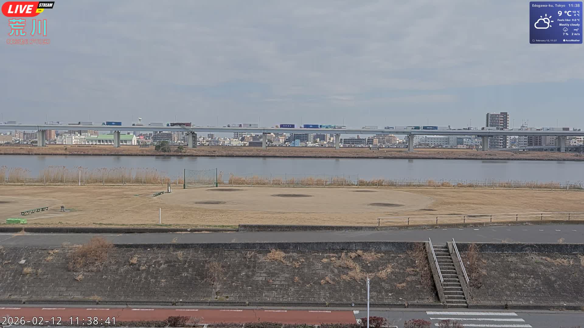 Tokyo, Arakawa River,  Komatsugawabashi Joryu Baseball Fields & Edogawa Discrict ( 東京、荒川、小松川橋女流野球場、江戸川区 ) Live Cam - 1 Chome, Hirai, Edogawa Ku, Tokyo, Kantō, Honshu, Japan