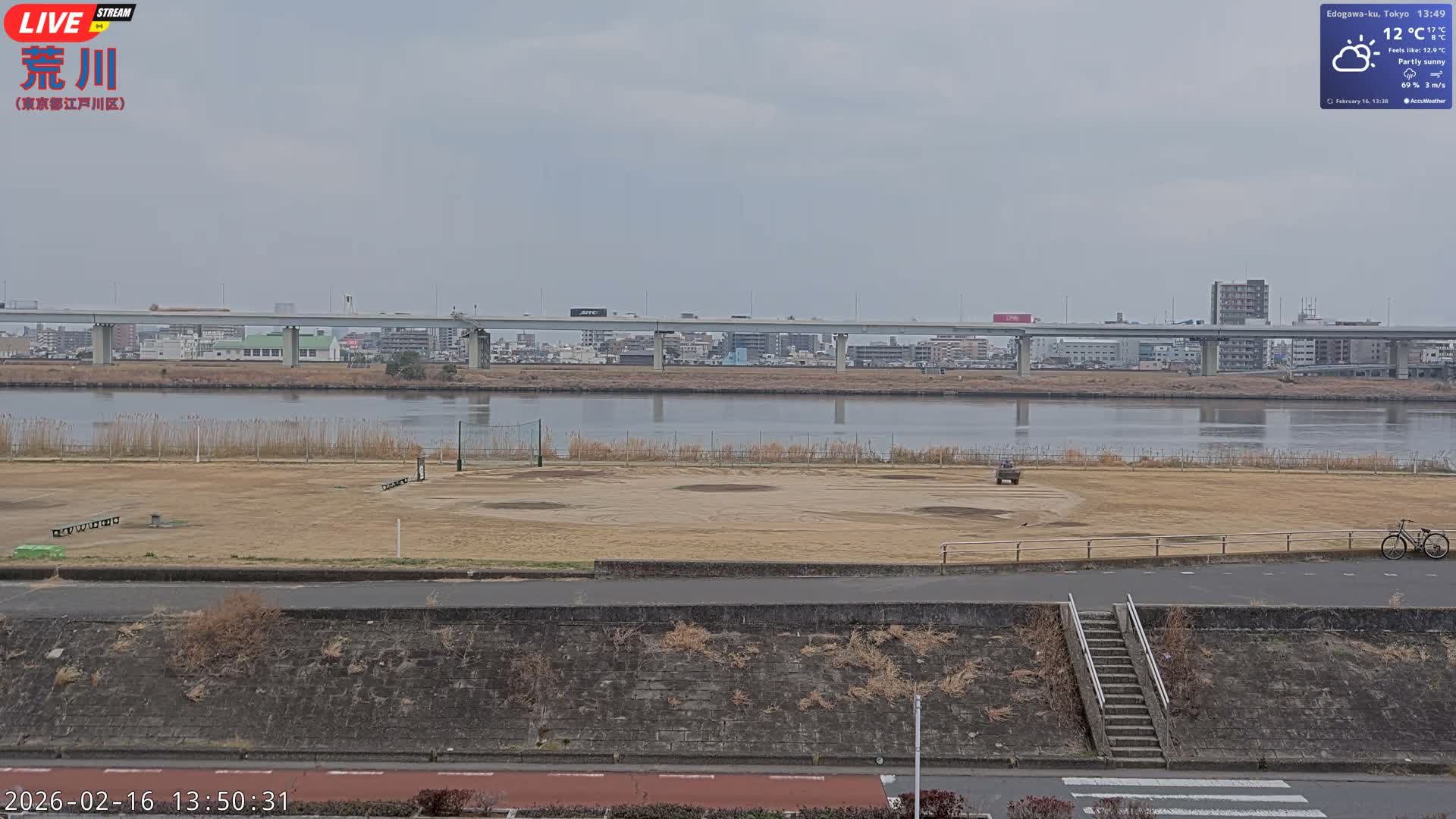 Tokyo, Arakawa River,  Komatsugawabashi Joryu Baseball Fields & Edogawa Discrict ( 東京、荒川、小松川橋女流野球場、江戸川区 ) Live Cam - 1 Chome, Hirai, Edogawa Ku, Tokyo, Kantō, Honshu, Japan