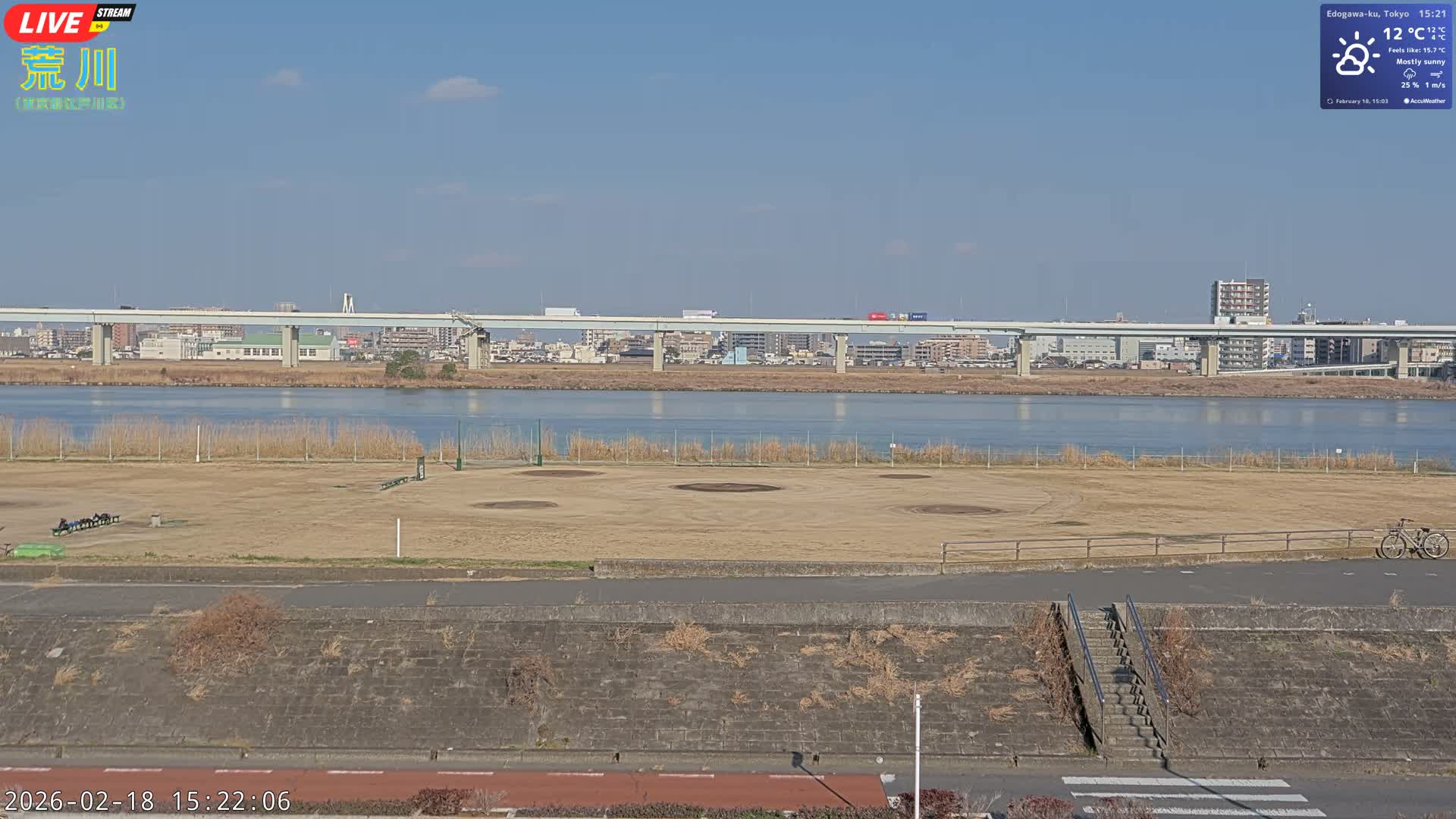 Tokyo, Arakawa River,  Komatsugawabashi Joryu Baseball Fields & Edogawa Discrict ( 東京、荒川、小松川橋女流野球場、江戸川区 ) Live Cam - 1 Chome, Hirai, Edogawa Ku, Tokyo, Kantō, Honshu, Japan