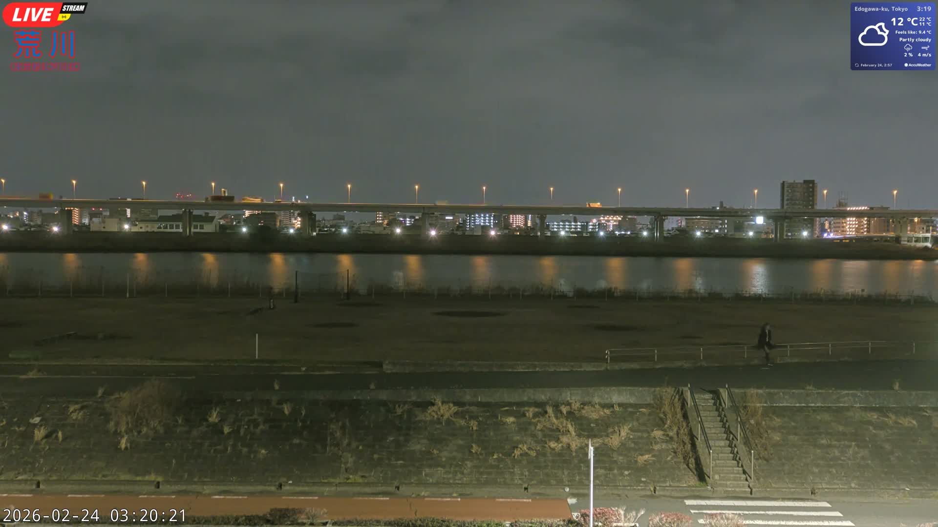 Tokyo, Arakawa River,  Komatsugawabashi Joryu Baseball Fields & Edogawa Discrict ( 東京、荒川、小松川橋女流野球場、江戸川区 ) Live Cam - 1 Chome, Hirai, Edogawa Ku, Tokyo, Kantō, Honshu, Japan