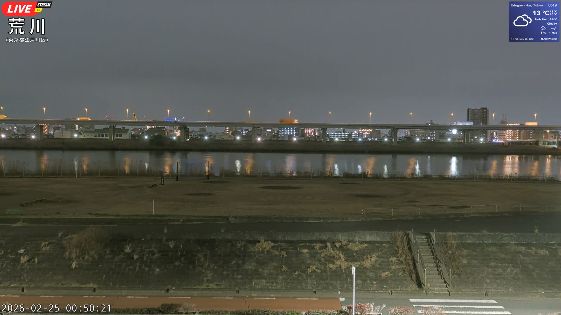 Tokyo, Arakawa River,  Komatsugawabashi Joryu Baseball Fields & Edogawa Discrict ( 東京、荒川、小松川橋女流野球場、江戸川区 ) Live Cam - 1 Chome, Hirai, Edogawa Ku, Tokyo, Kantō, Honshu, Japan