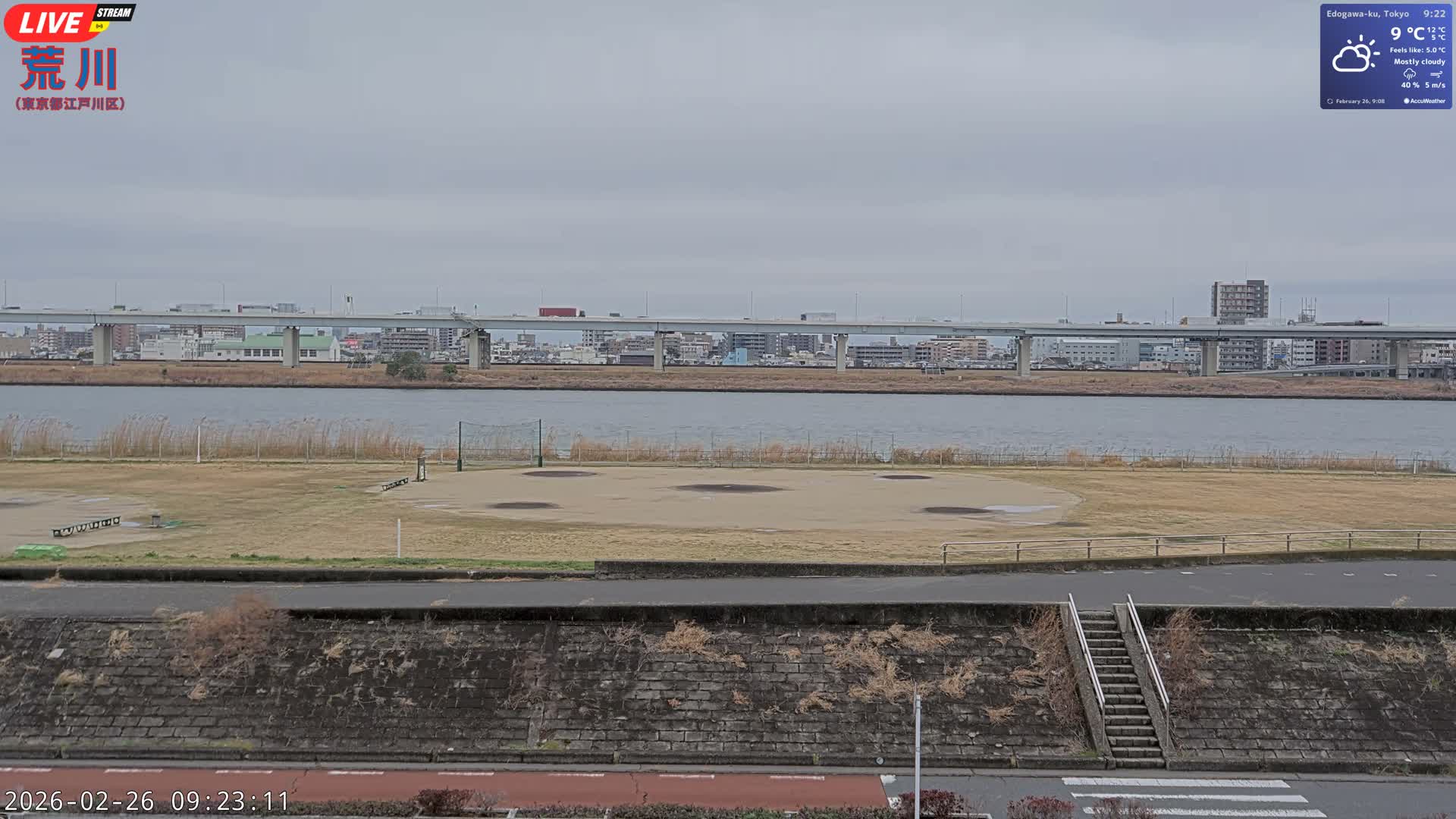 Tokyo, Arakawa River,  Komatsugawabashi Joryu Baseball Fields & Edogawa Discrict ( 東京、荒川、小松川橋女流野球場、江戸川区 ) Live Cam - 1 Chome, Hirai, Edogawa Ku, Tokyo, Kantō, Honshu, Japan