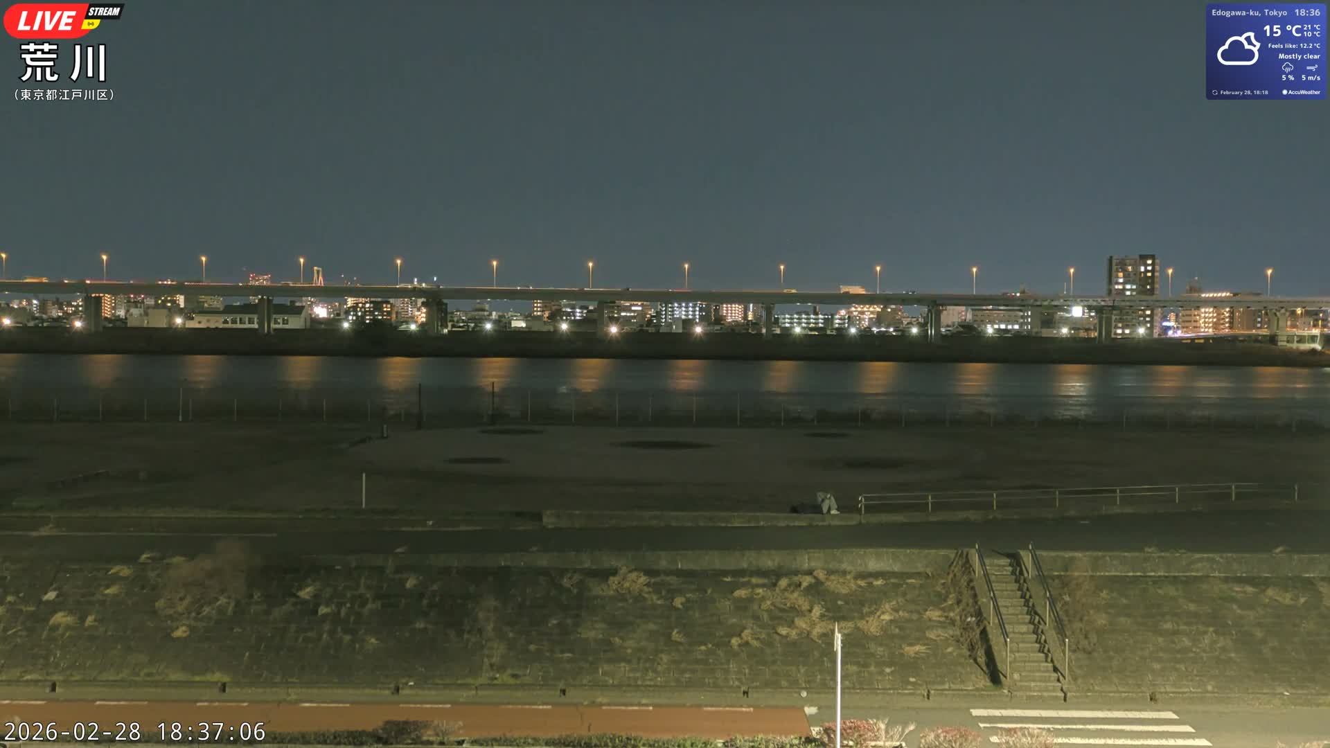 Tokyo, Arakawa River,  Komatsugawabashi Joryu Baseball Fields & Edogawa Discrict ( 東京、荒川、小松川橋女流野球場、江戸川区 ) Live Cam - 1 Chome, Hirai, Edogawa Ku, Tokyo, Kantō, Honshu, Japan