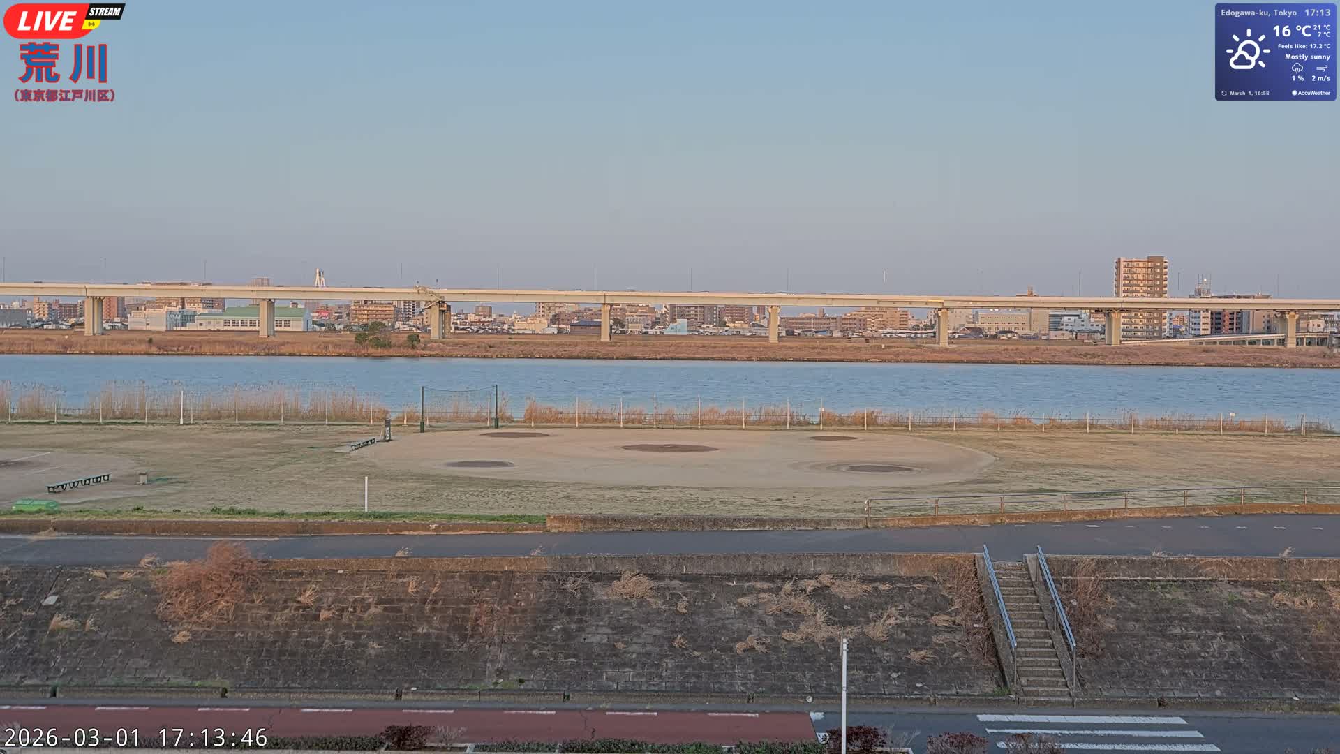 Tokyo, Arakawa River,  Komatsugawabashi Joryu Baseball Fields & Edogawa Discrict ( 東京、荒川、小松川橋女流野球場、江戸川区 ) Live Cam - 1 Chome, Hirai, Edogawa Ku, Tokyo, Kantō, Honshu, Japan