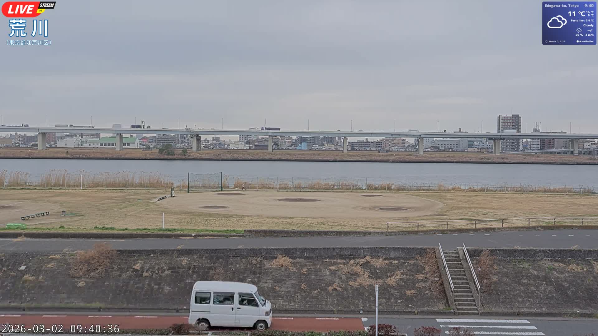 Tokyo, Arakawa River,  Komatsugawabashi Joryu Baseball Fields & Edogawa Discrict ( 東京、荒川、小松川橋女流野球場、江戸川区 ) Live Cam - 1 Chome, Hirai, Edogawa Ku, Tokyo, Kantō, Honshu, Japan
