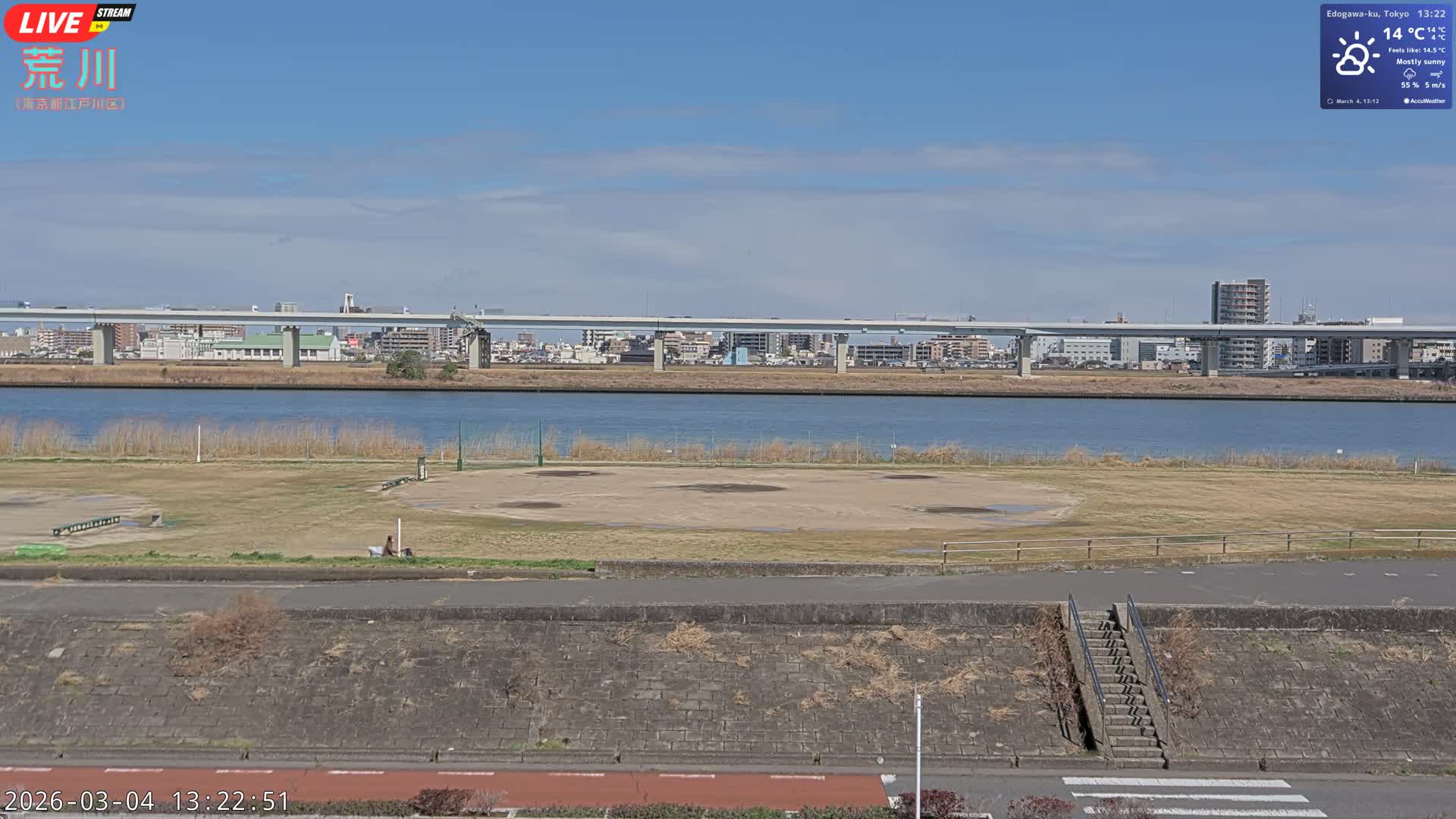 Tokyo, Arakawa River,  Komatsugawabashi Joryu Baseball Fields & Edogawa Discrict ( 東京、荒川、小松川橋女流野球場、江戸川区 ) Live Cam - 1 Chome, Hirai, Edogawa Ku, Tokyo, Kantō, Honshu, Japan