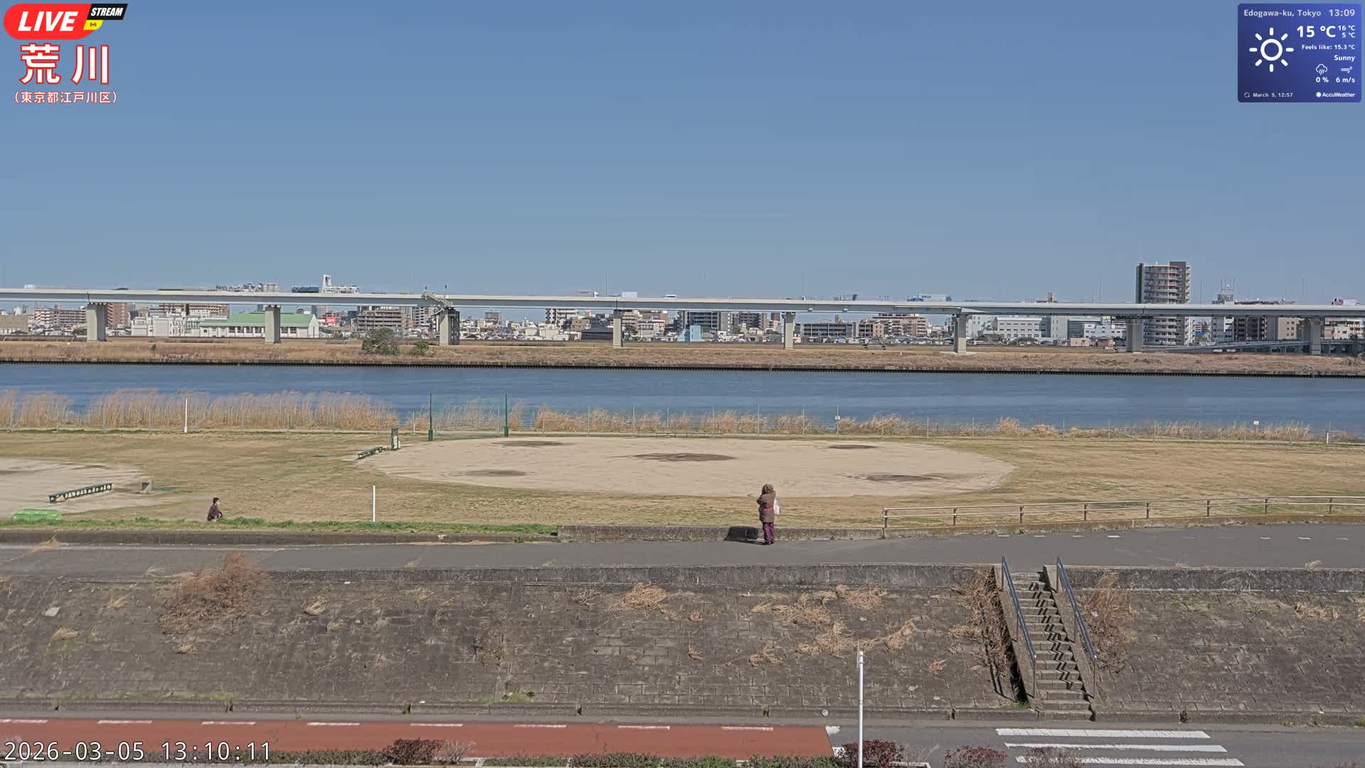 Tokyo, Arakawa River,  Komatsugawabashi Joryu Baseball Fields & Edogawa Discrict ( 東京、荒川、小松川橋女流野球場、江戸川区 ) Live Cam - 1 Chome, Hirai, Edogawa Ku, Tokyo, Kantō, Honshu, Japan