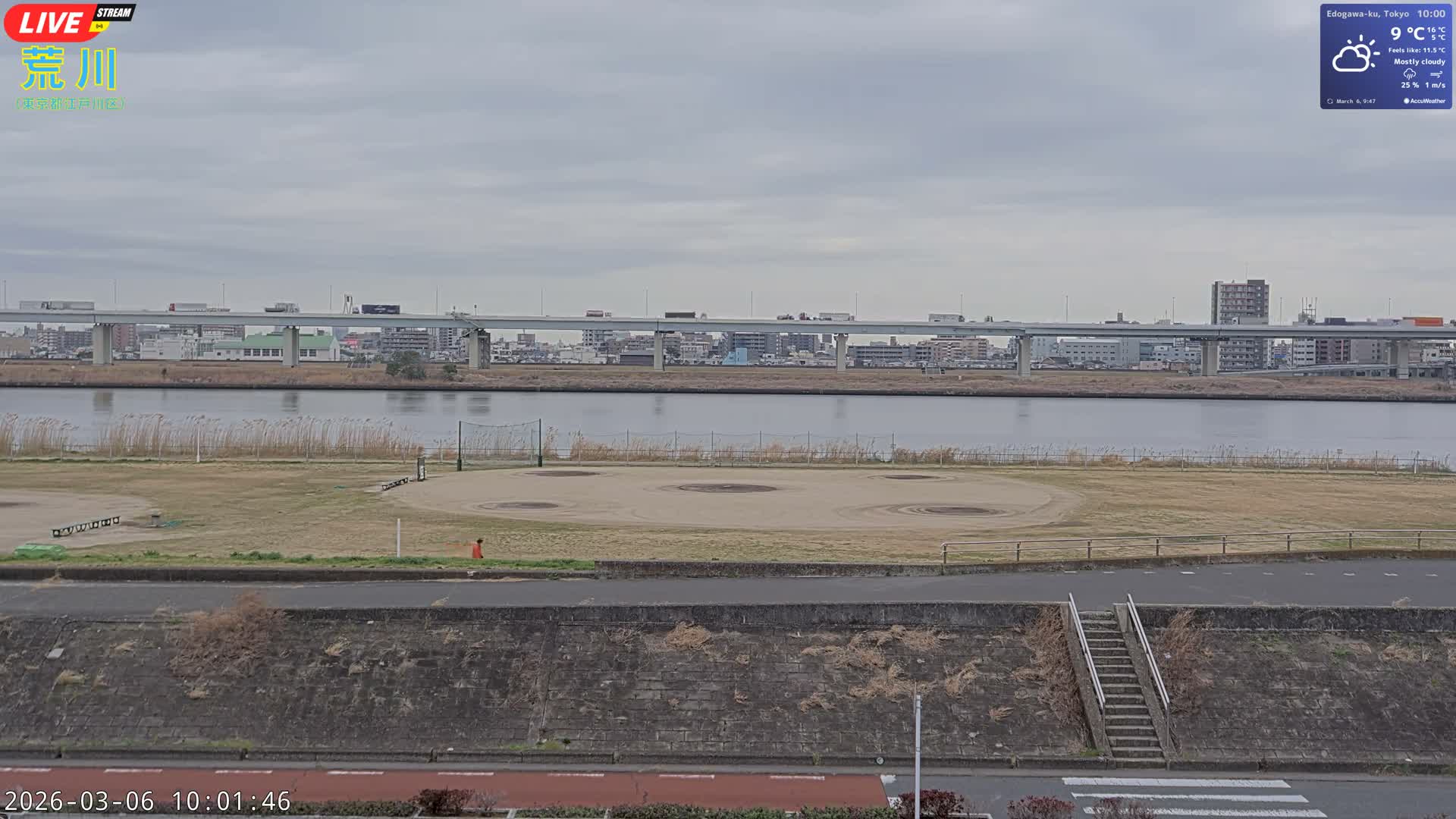 Tokyo, Arakawa River,  Komatsugawabashi Joryu Baseball Fields & Edogawa Discrict ( 東京、荒川、小松川橋女流野球場、江戸川区 ) Live Cam - 1 Chome, Hirai, Edogawa Ku, Tokyo, Kantō, Honshu, Japan