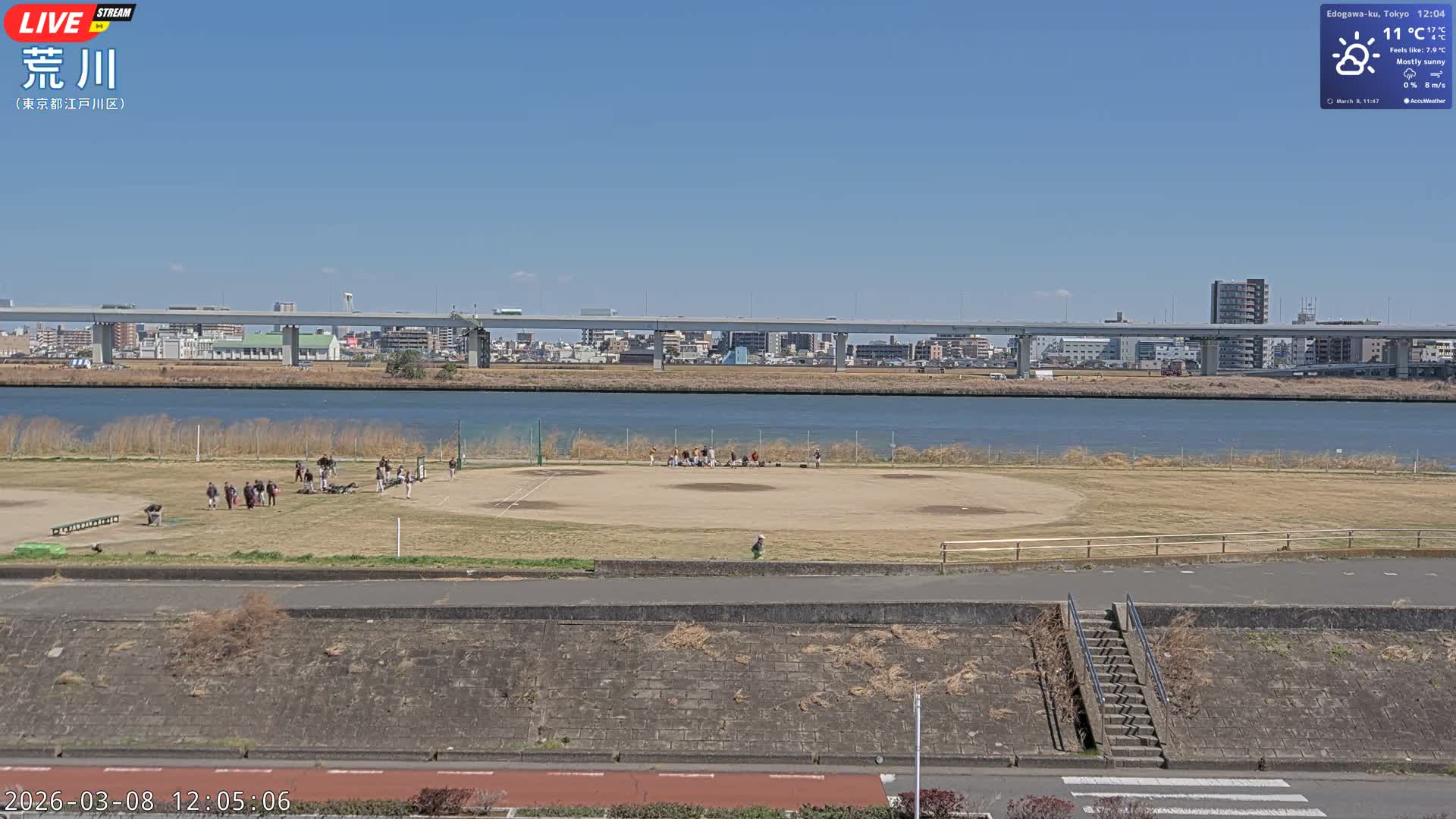 Tokyo, Arakawa River,  Komatsugawabashi Joryu Baseball Fields & Edogawa Discrict ( 東京、荒川、小松川橋女流野球場、江戸川区 ) Live Cam - 1 Chome, Hirai, Edogawa Ku, Tokyo, Kantō, Honshu, Japan