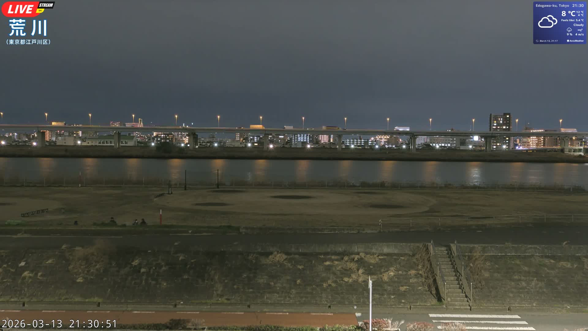 Tokyo, Arakawa River,  Komatsugawabashi Joryu Baseball Fields & Edogawa Discrict ( 東京、荒川、小松川橋女流野球場、江戸川区 ) Live Cam - 1 Chome, Hirai, Edogawa Ku, Tokyo, Kantō, Honshu, Japan