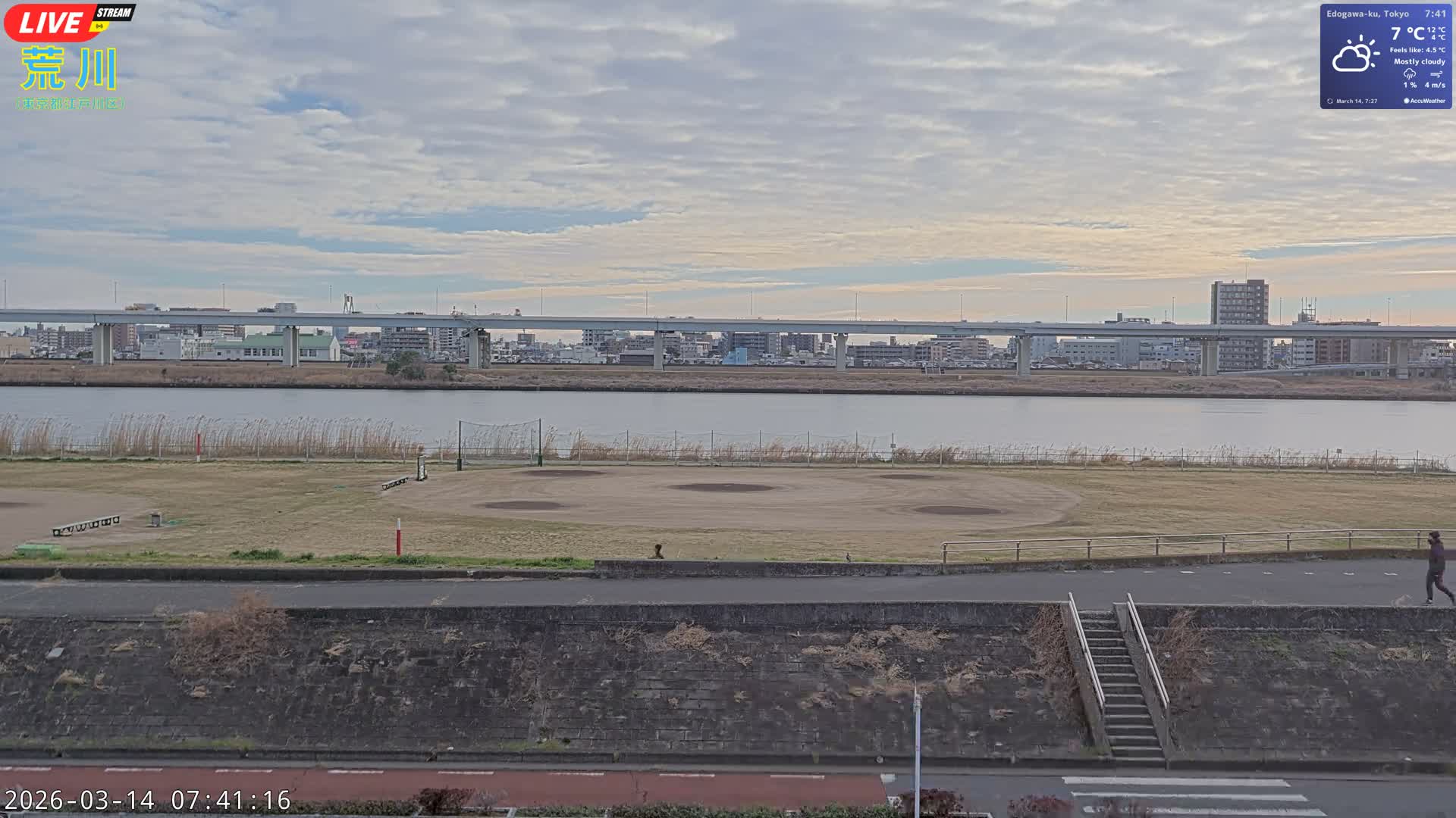 Tokyo, Arakawa River,  Komatsugawabashi Joryu Baseball Fields & Edogawa Discrict ( 東京、荒川、小松川橋女流野球場、江戸川区 ) Live Cam - 1 Chome, Hirai, Edogawa Ku, Tokyo, Kantō, Honshu, Japan