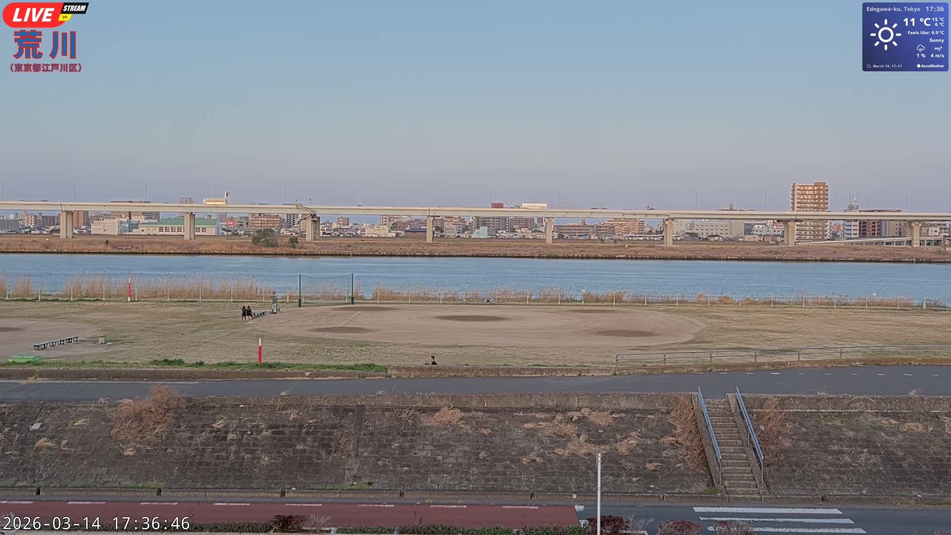 Tokyo, Arakawa River,  Komatsugawabashi Joryu Baseball Fields & Edogawa Discrict ( 東京、荒川、小松川橋女流野球場、江戸川区 ) Live Cam - 1 Chome, Hirai, Edogawa Ku, Tokyo, Kantō, Honshu, Japan