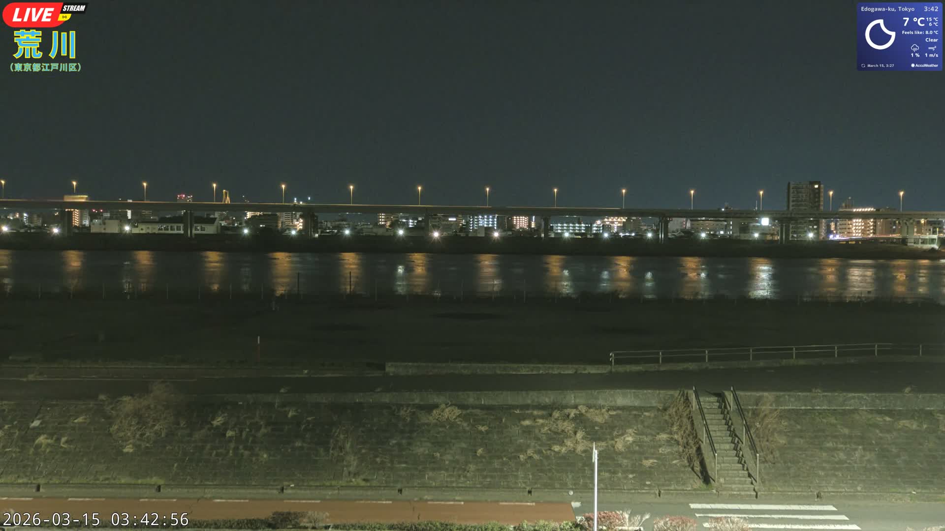 Tokyo, Arakawa River,  Komatsugawabashi Joryu Baseball Fields & Edogawa Discrict ( 東京、荒川、小松川橋女流野球場、江戸川区 ) Live Cam - 1 Chome, Hirai, Edogawa Ku, Tokyo, Kantō, Honshu, Japan