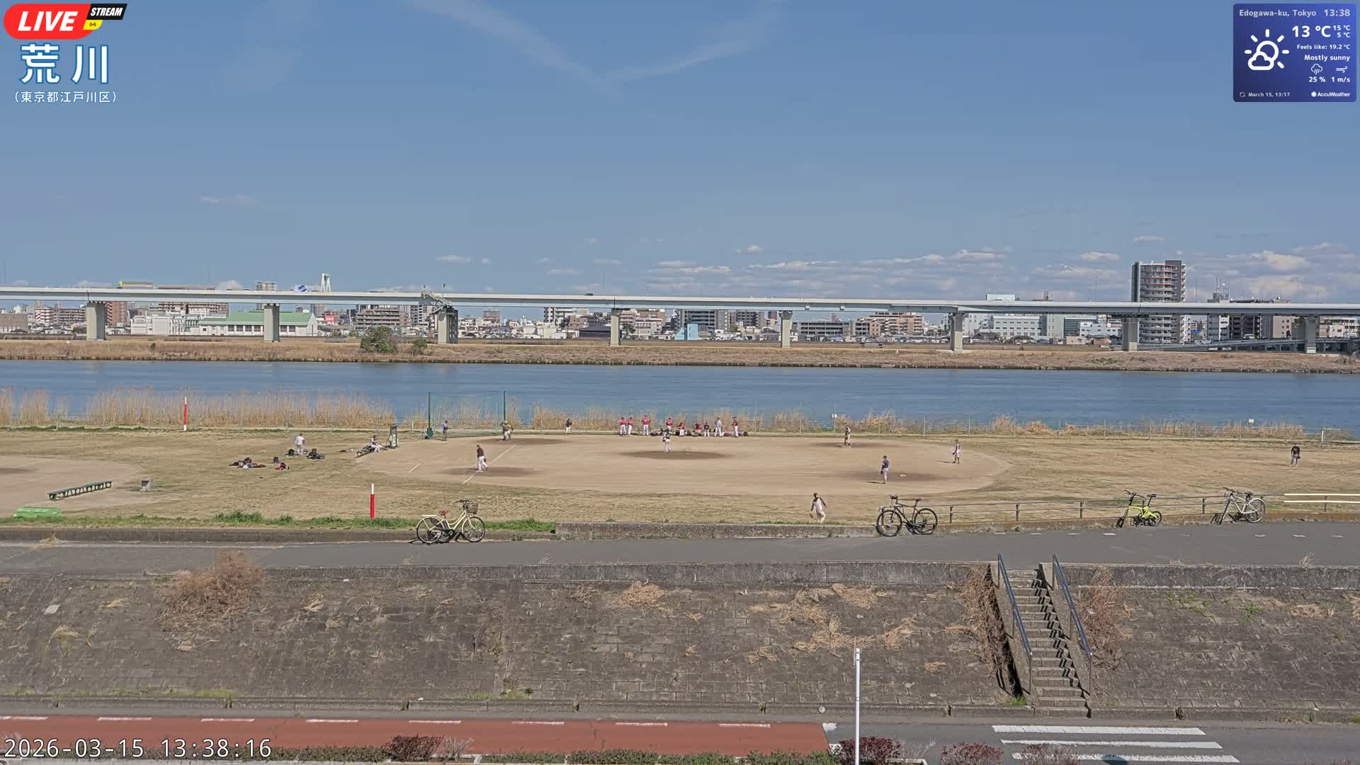 Tokyo, Arakawa River,  Komatsugawabashi Joryu Baseball Fields & Edogawa Discrict ( 東京、荒川、小松川橋女流野球場、江戸川区 ) Live Cam - 1 Chome, Hirai, Edogawa Ku, Tokyo, Kantō, Honshu, Japan