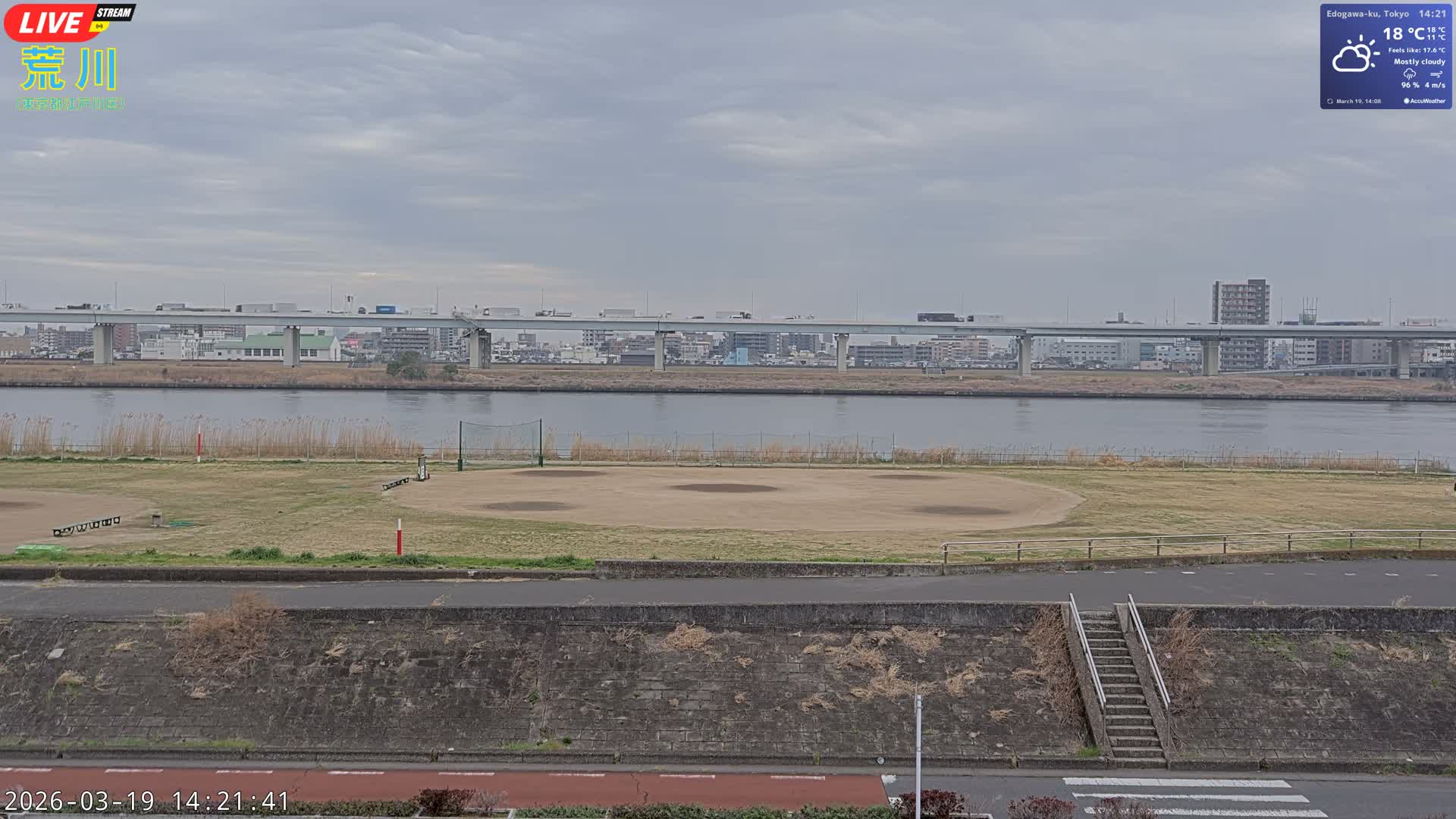 Tokyo, Arakawa River,  Komatsugawabashi Joryu Baseball Fields & Edogawa Discrict ( 東京、荒川、小松川橋女流野球場、江戸川区 ) Live Cam - 1 Chome, Hirai, Edogawa Ku, Tokyo, Kantō, Honshu, Japan